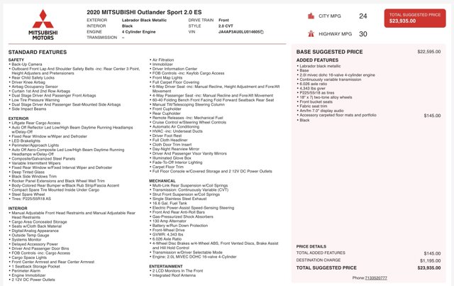 2020 Mitsubishi Outlander Sport ES 2.0 Image 28 of 30