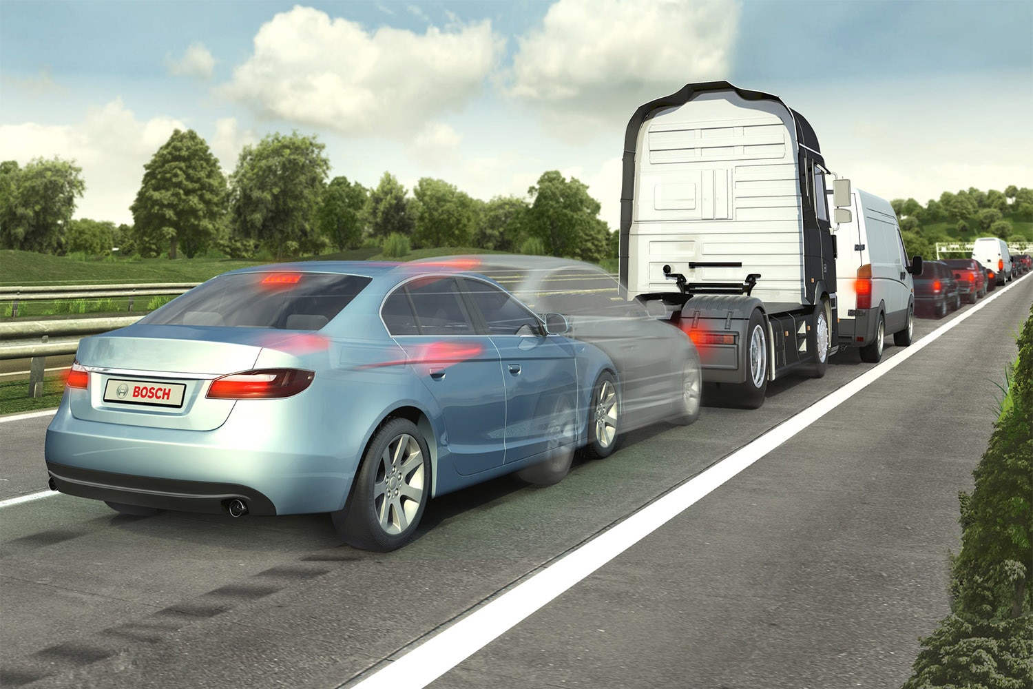 Emergency braking systems, like this one developed by Bosch for use by various carmakers, can help reduce damage in an accident.