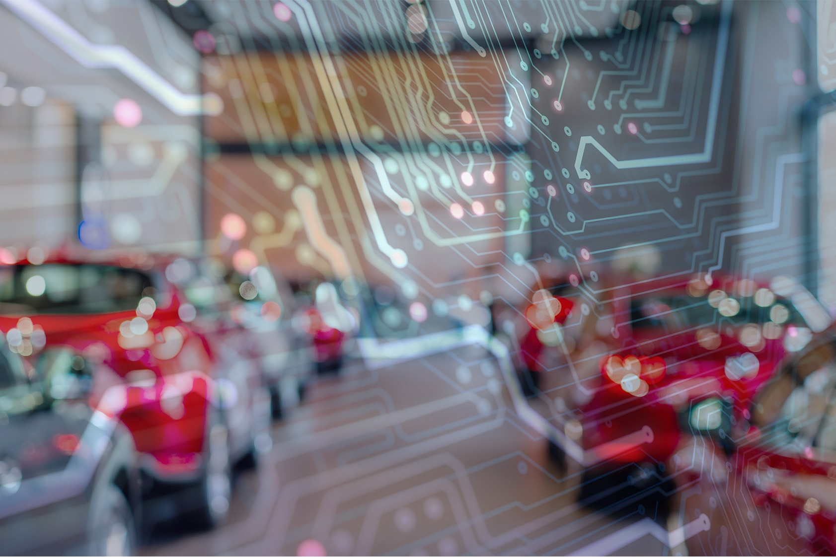 Blurred view row of new modern cars in showroom behind semiconductor chip graphic
