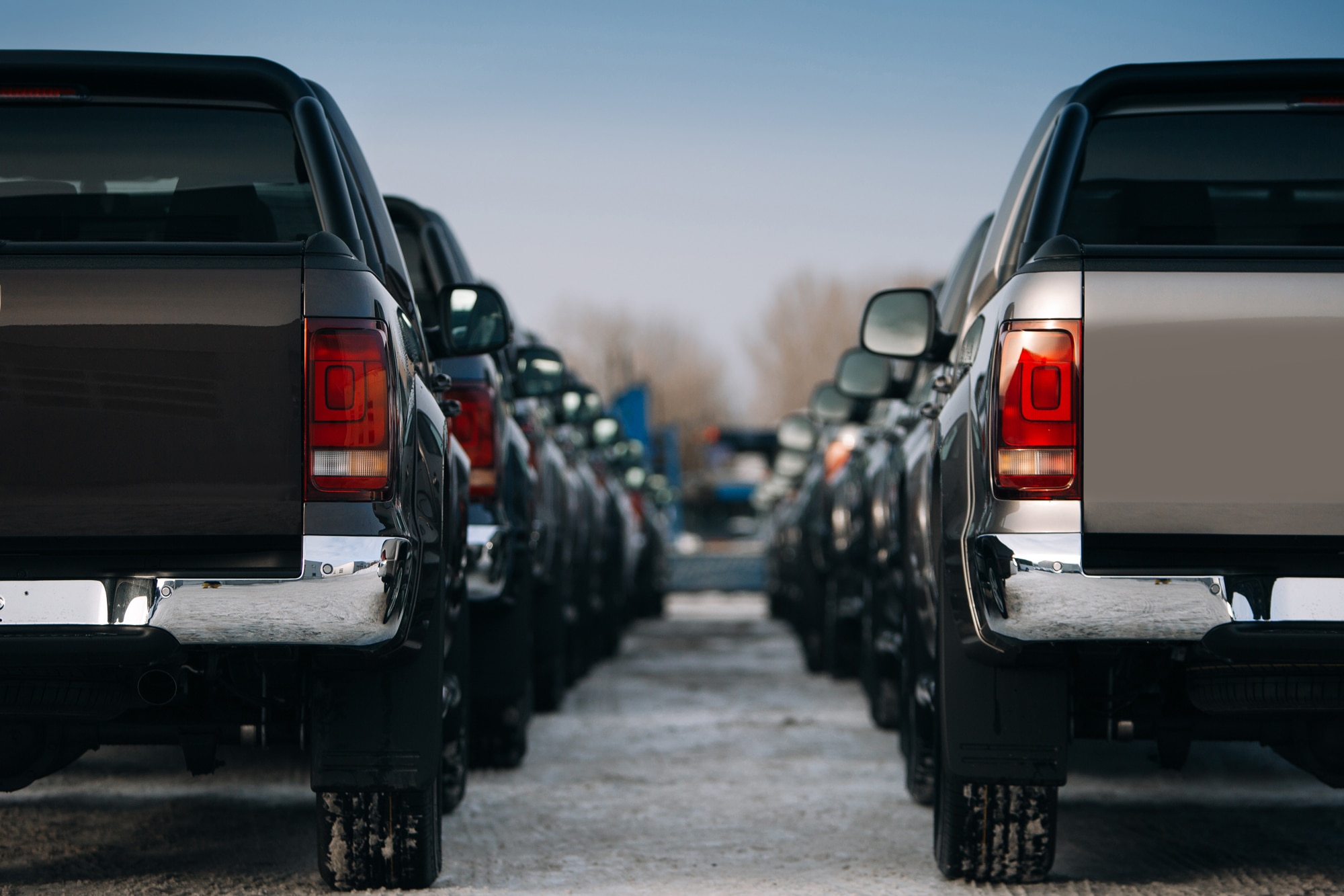 Pickup trucks parked in rows on a dealer lot