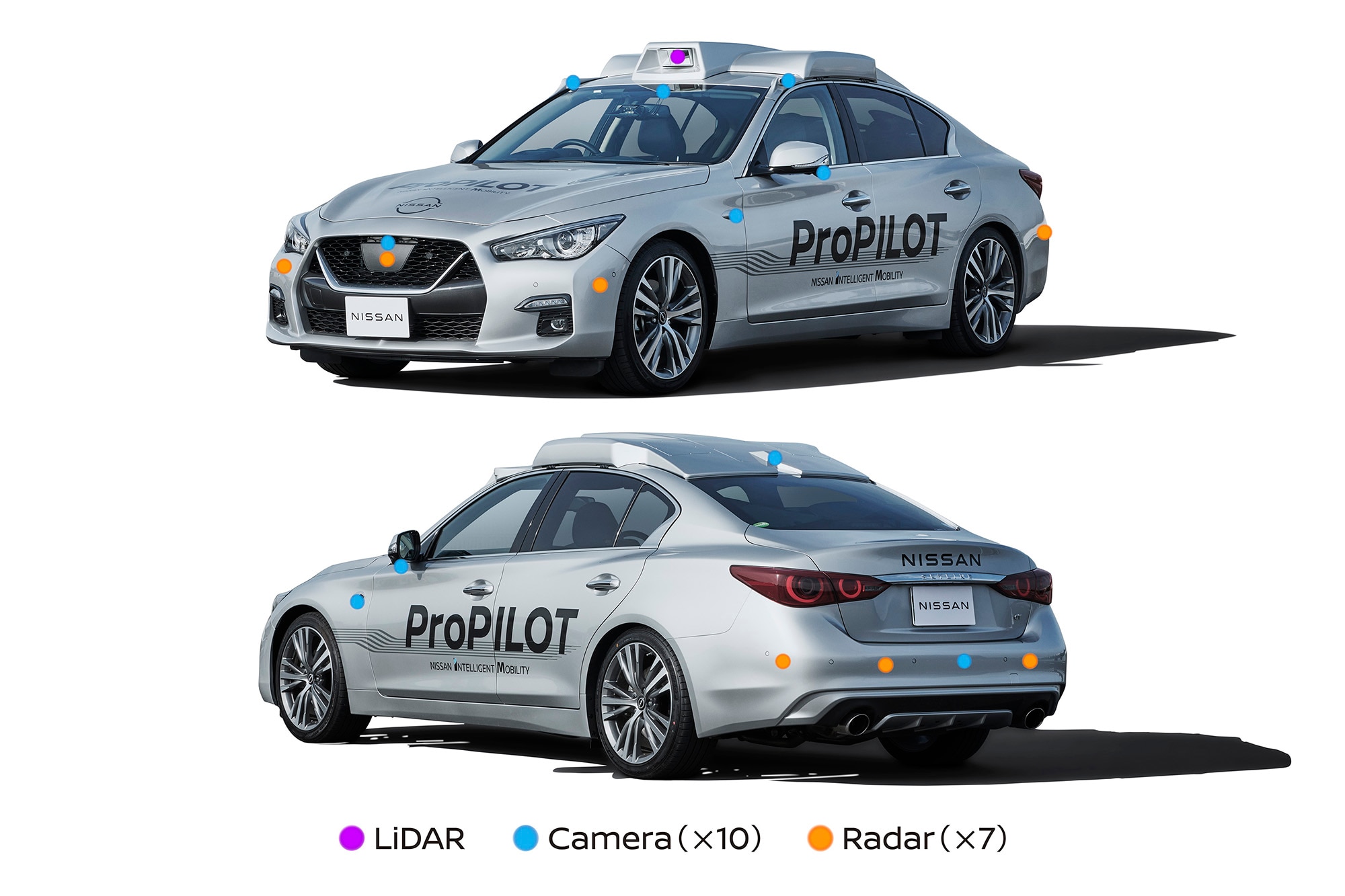 Nissan ProPILOT Concept Zero test vehicle with markings indicating different types of sensors and their placement.