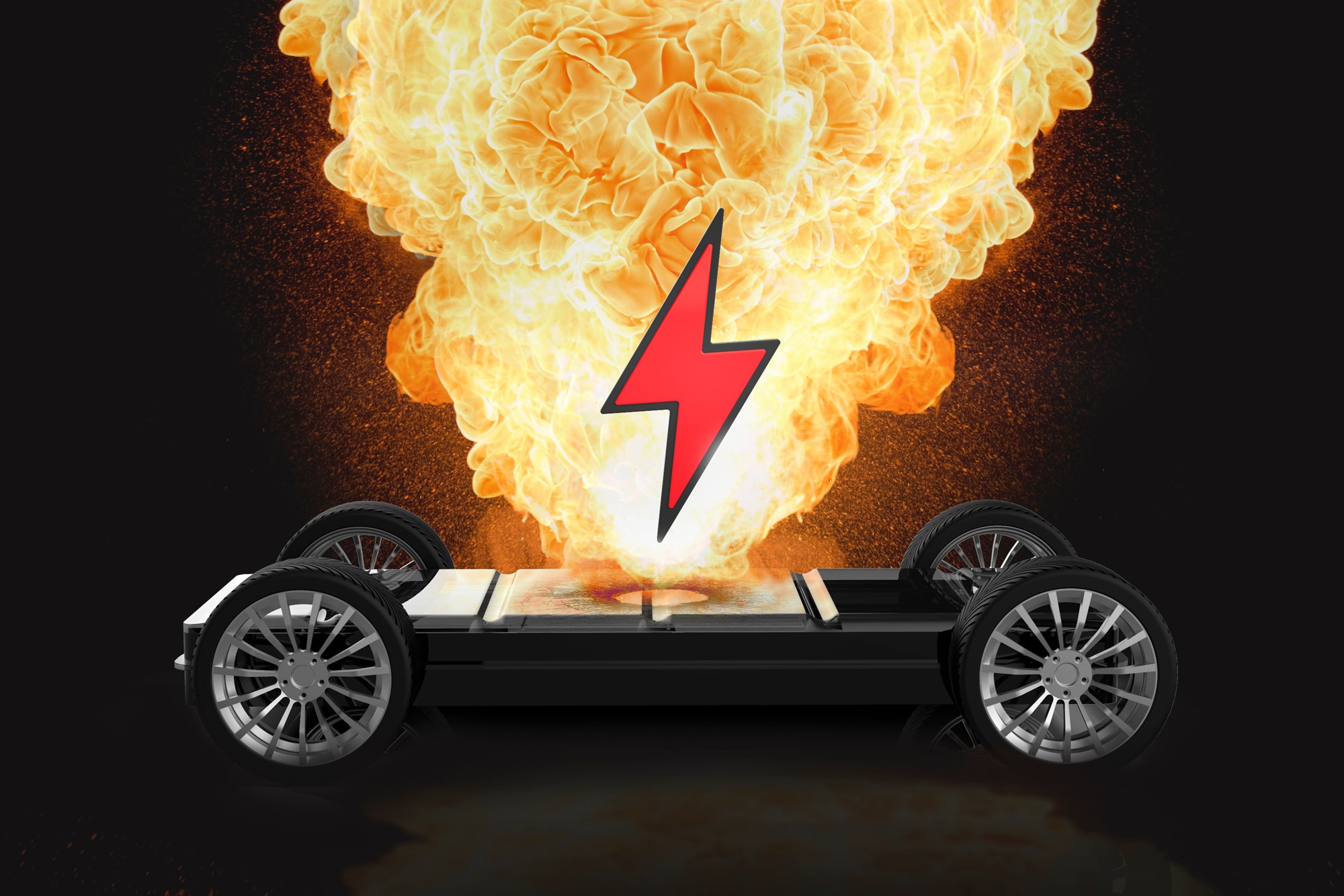 Graphic showing car battery with only tires with fire above