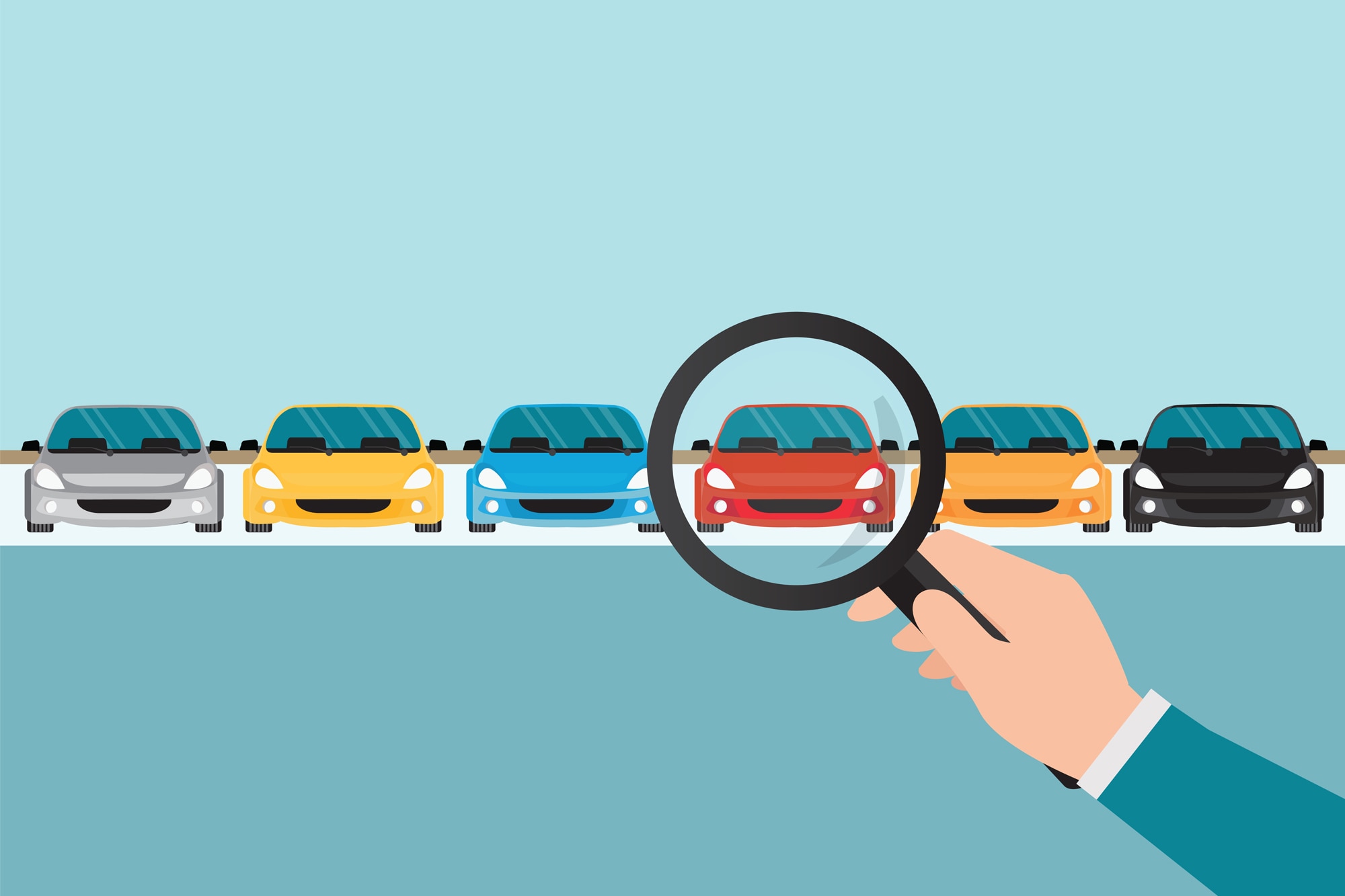Vector illustration showing magnifying glass in human hand with focus on one car in row of cars