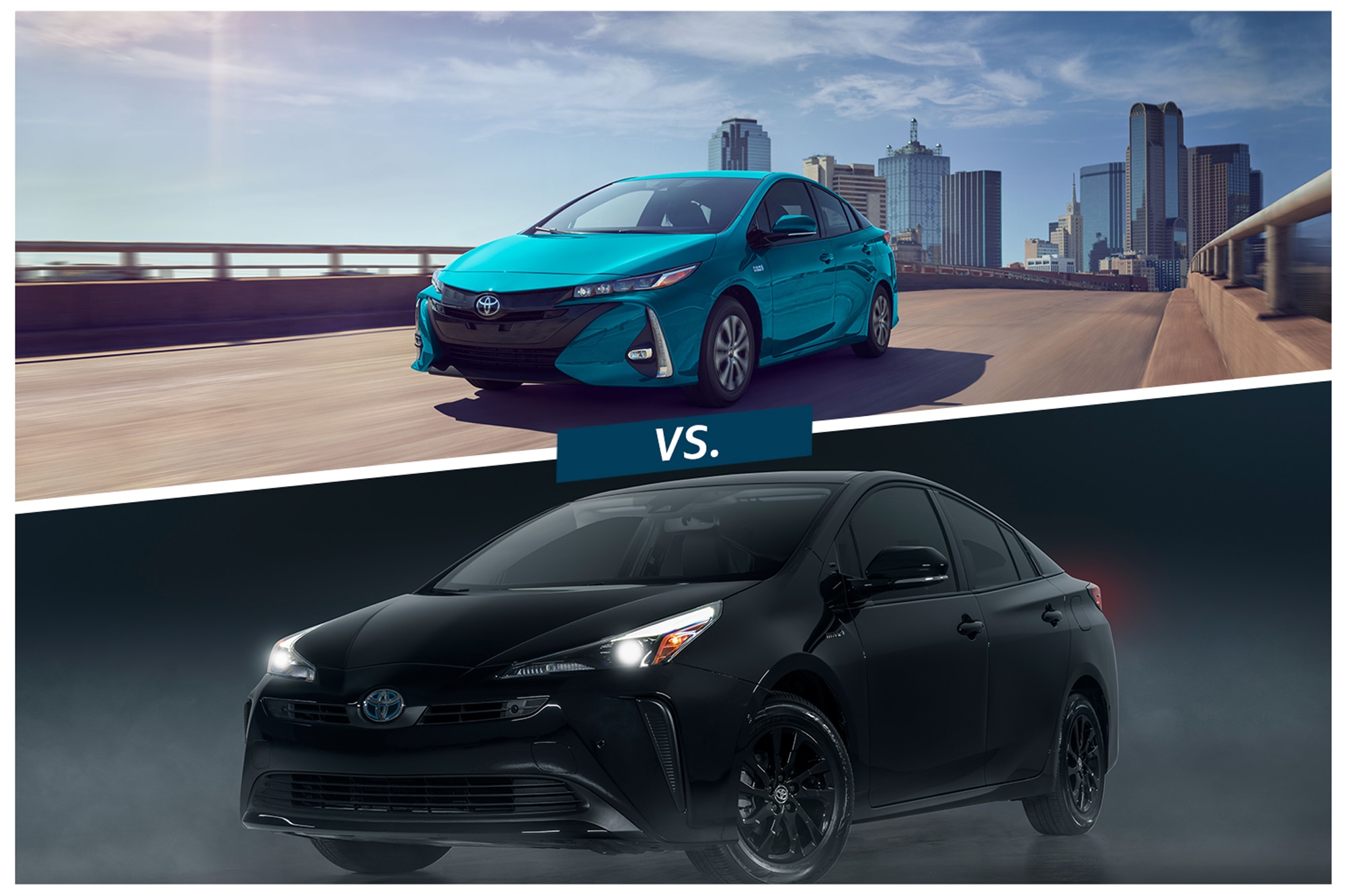 Teal Toyota Prius Prime on highway (above) vs. Black Toyota Prius Nightshade