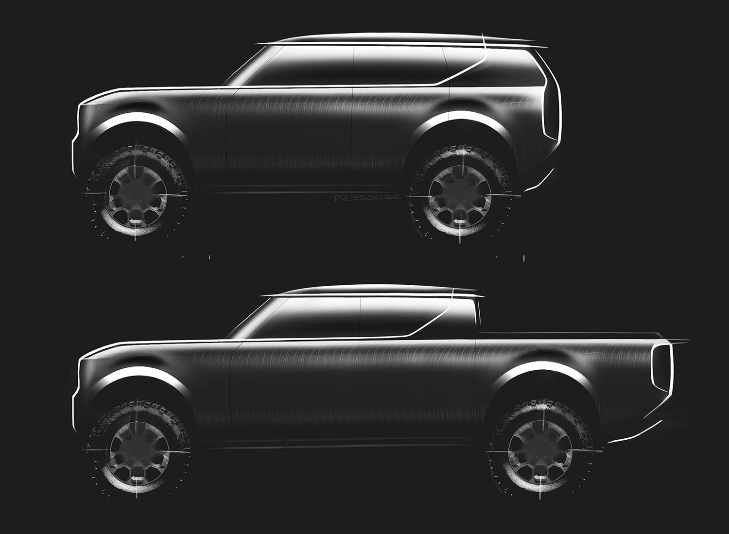 Scout SUV and pickup truck concept sketches, black and white