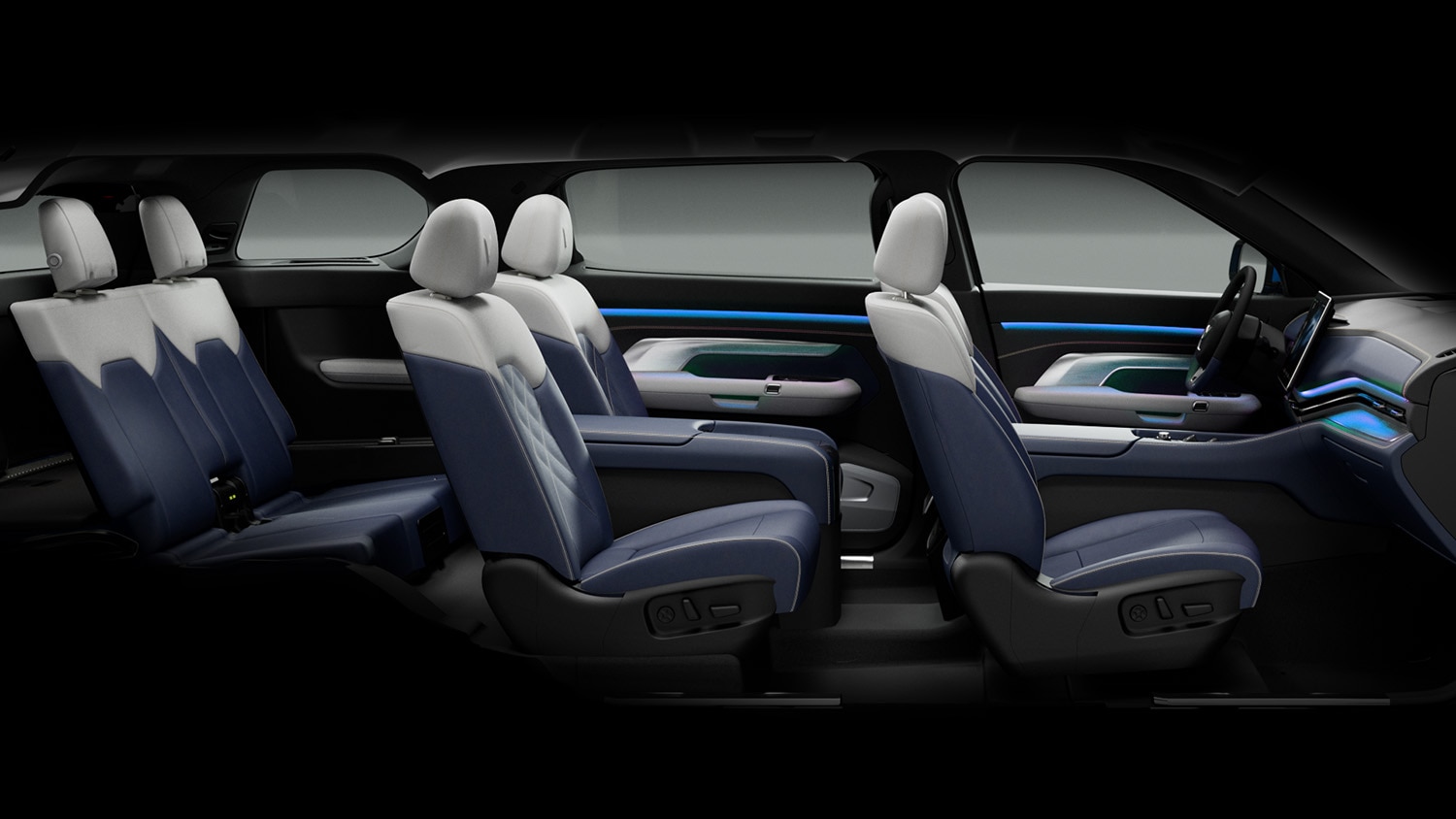 VinFast VF 9 SUV, interior three-row seating, blue