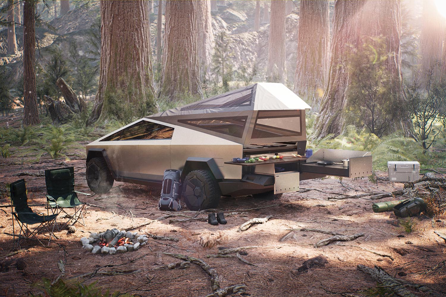 Tesla Cybertruck, bed tent, camping