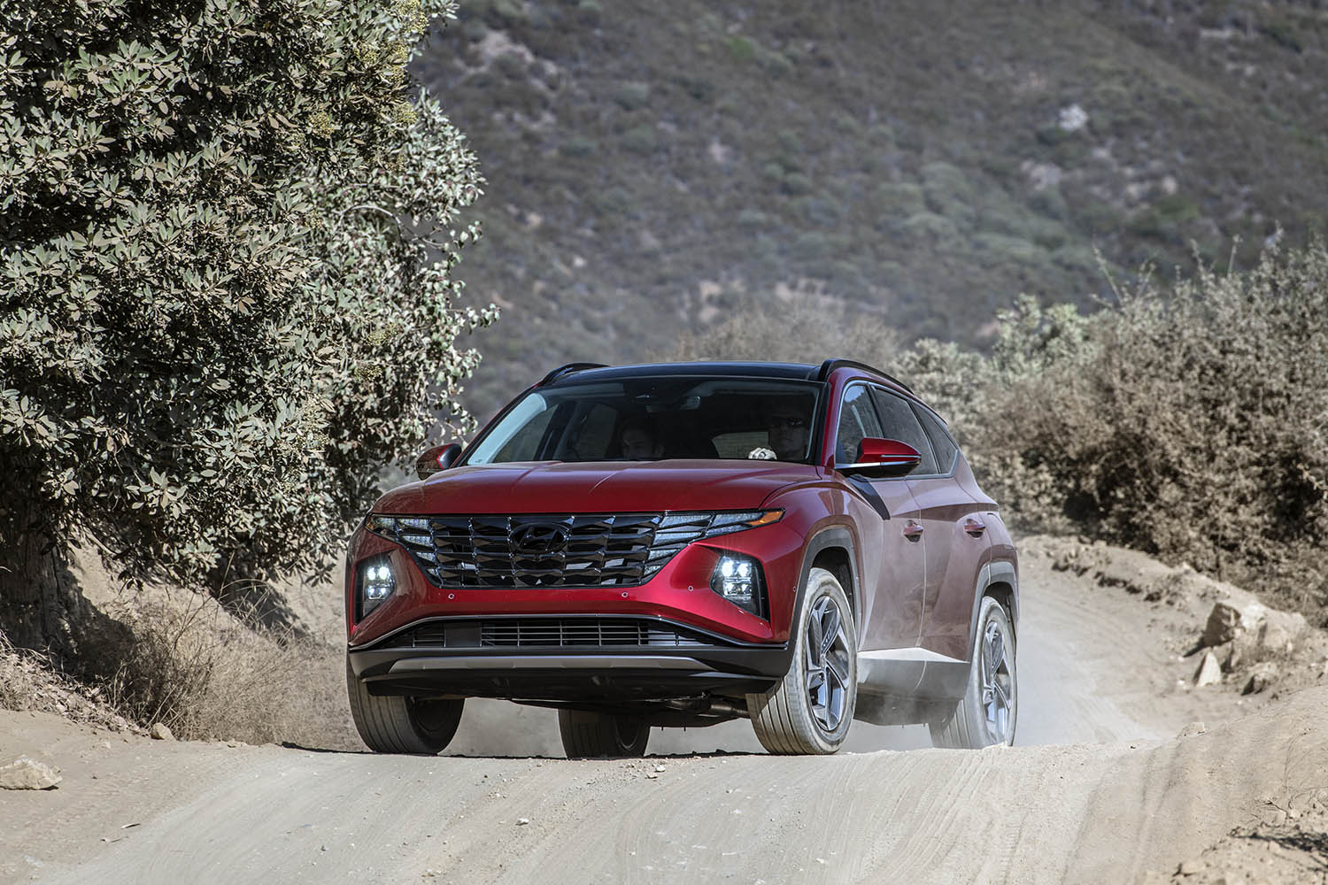  2023 Hyundai Tucson driving upon a crest on a dirt trail