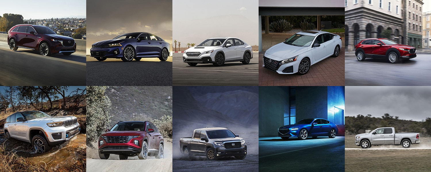  Ten-car collage representing some of the best car, truck, and SUV lease deals in August 2023