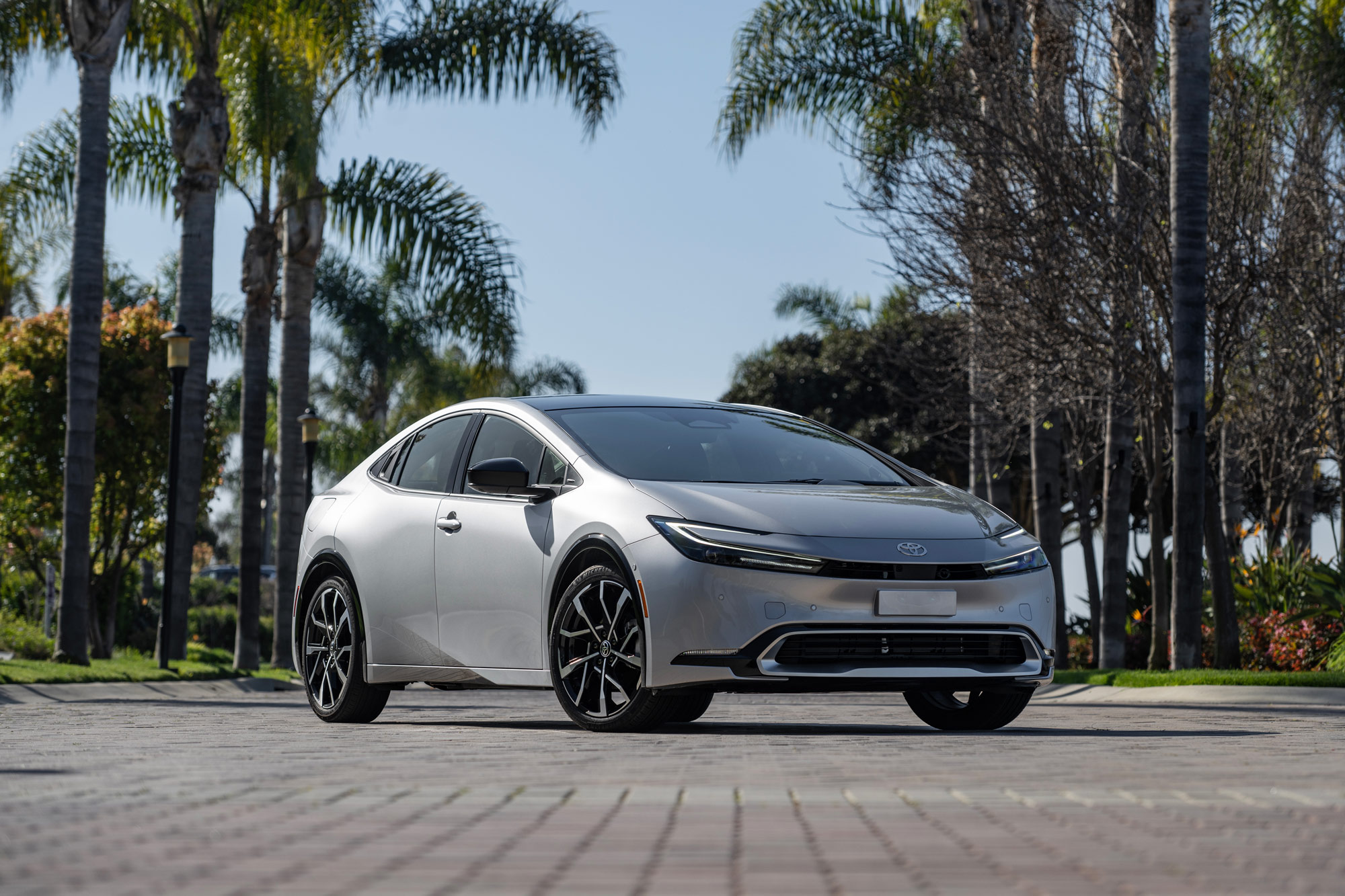 Gray 2024 Toyota Prius Prime XSE parked in front of palm trees