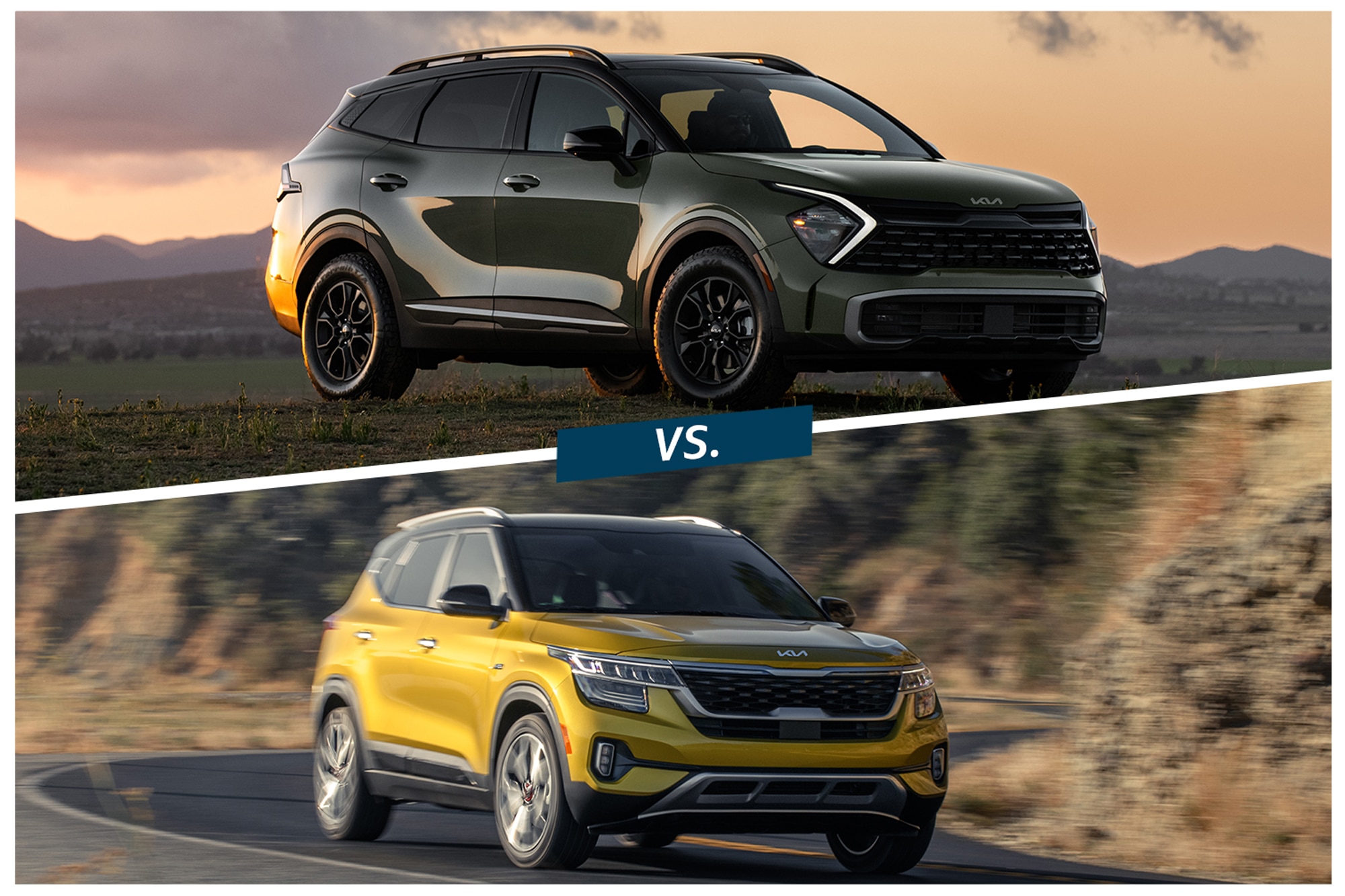 2023 Green Kia Sportage in the mountains and 2023 Yellow Kia Seltos on highway compared