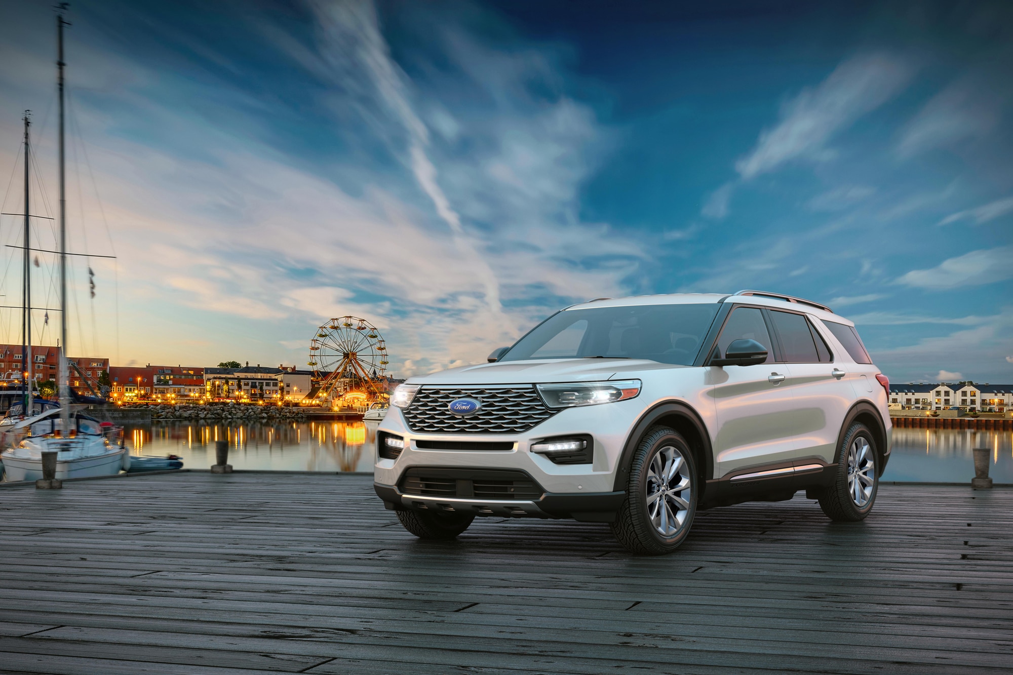 2023 Ford Explorer parked at a seaport at sunset
