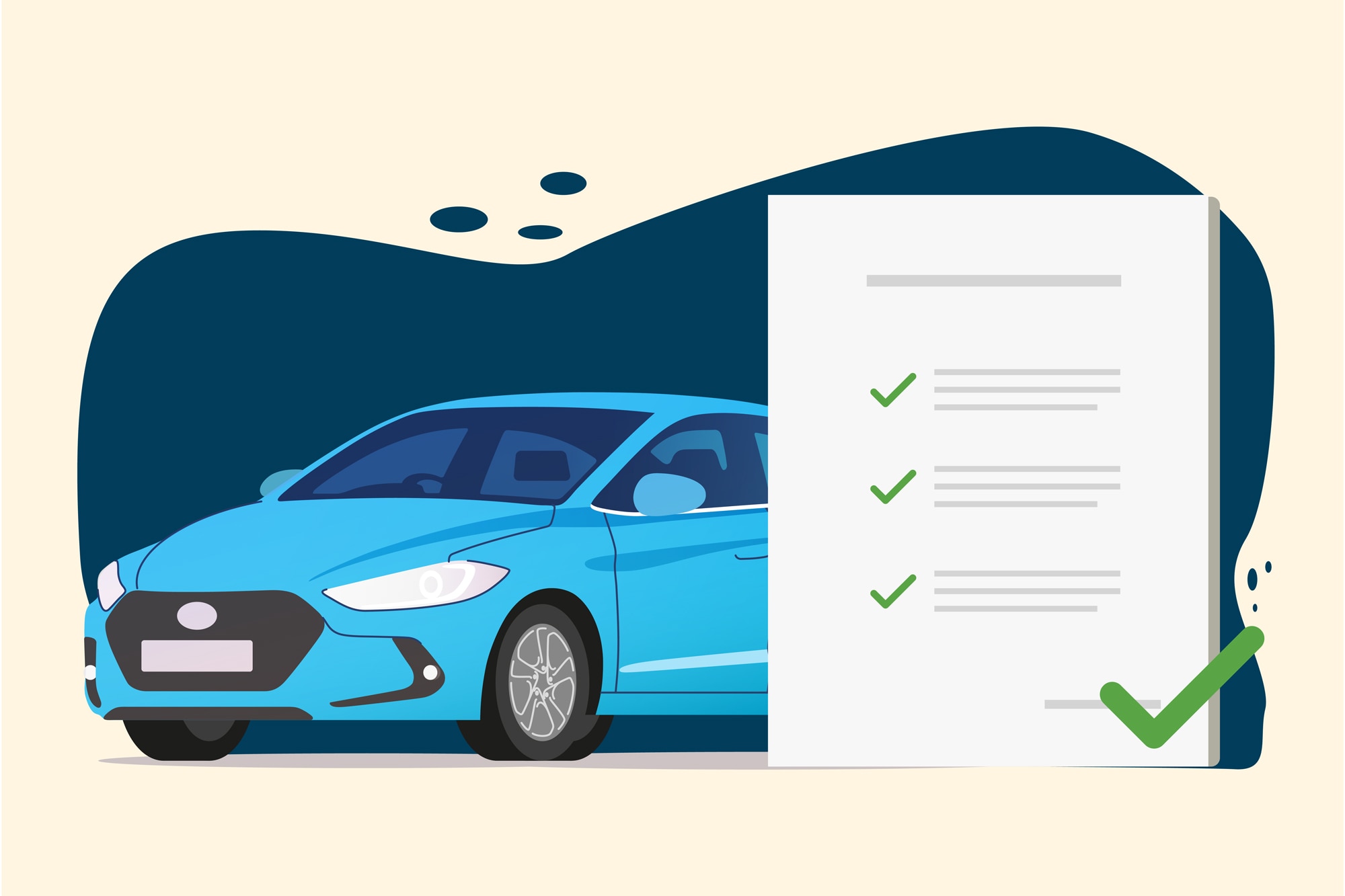 Illustration showing light blue vehicle on a dark blue foreground next to check marked paper with cream background