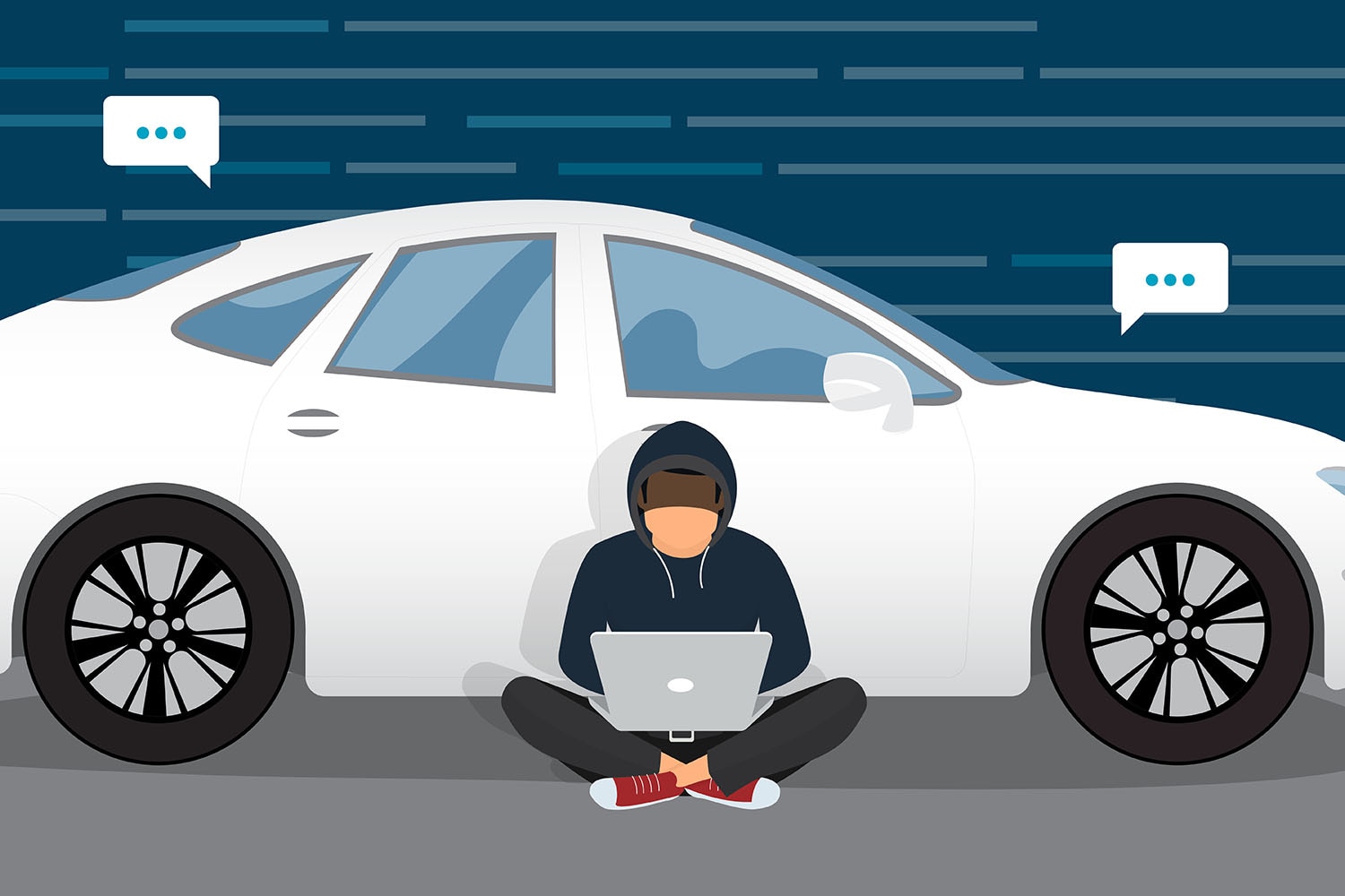 Hacker with a laptop sitting outside a parked car