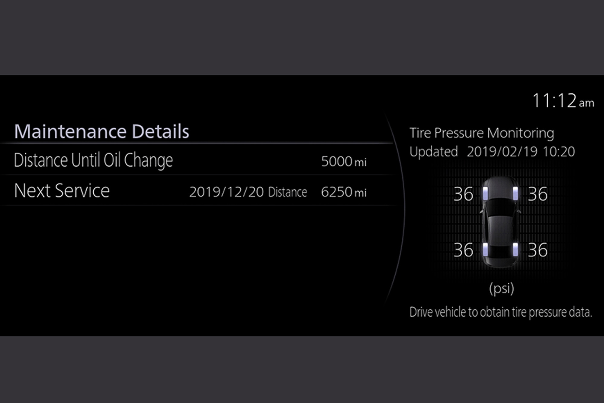 Mazda Connect Vehicle Status Monitor showing tire pressure data
