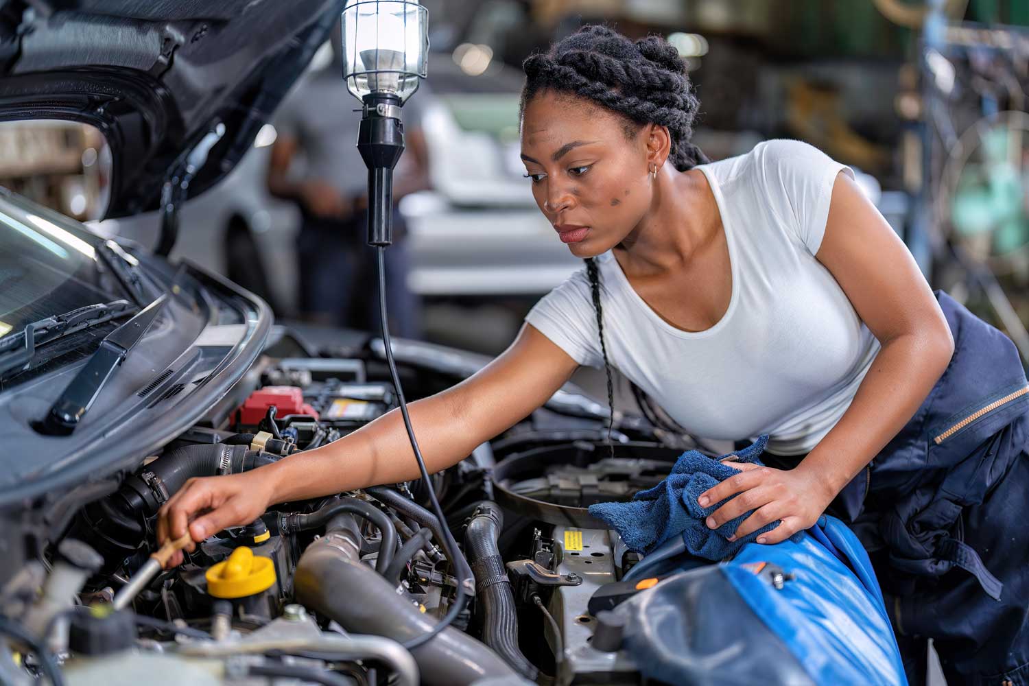 Woman mechanic changes car fluids under the hood