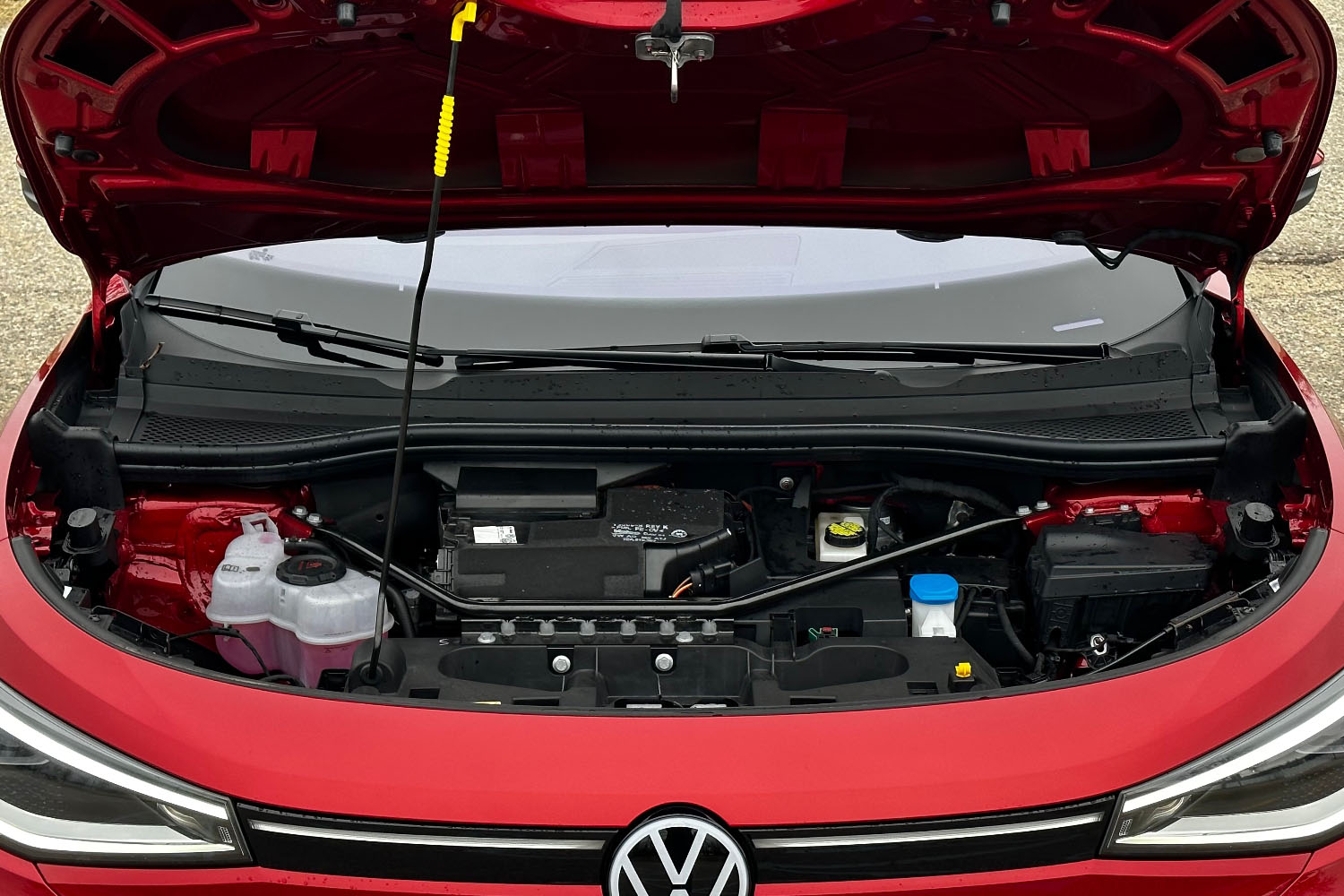 2023 Volkswagen ID.4 AWD aurora red metallic engine under hood