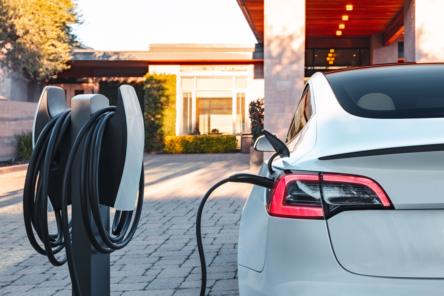 A white Tesla sits at a charging station.