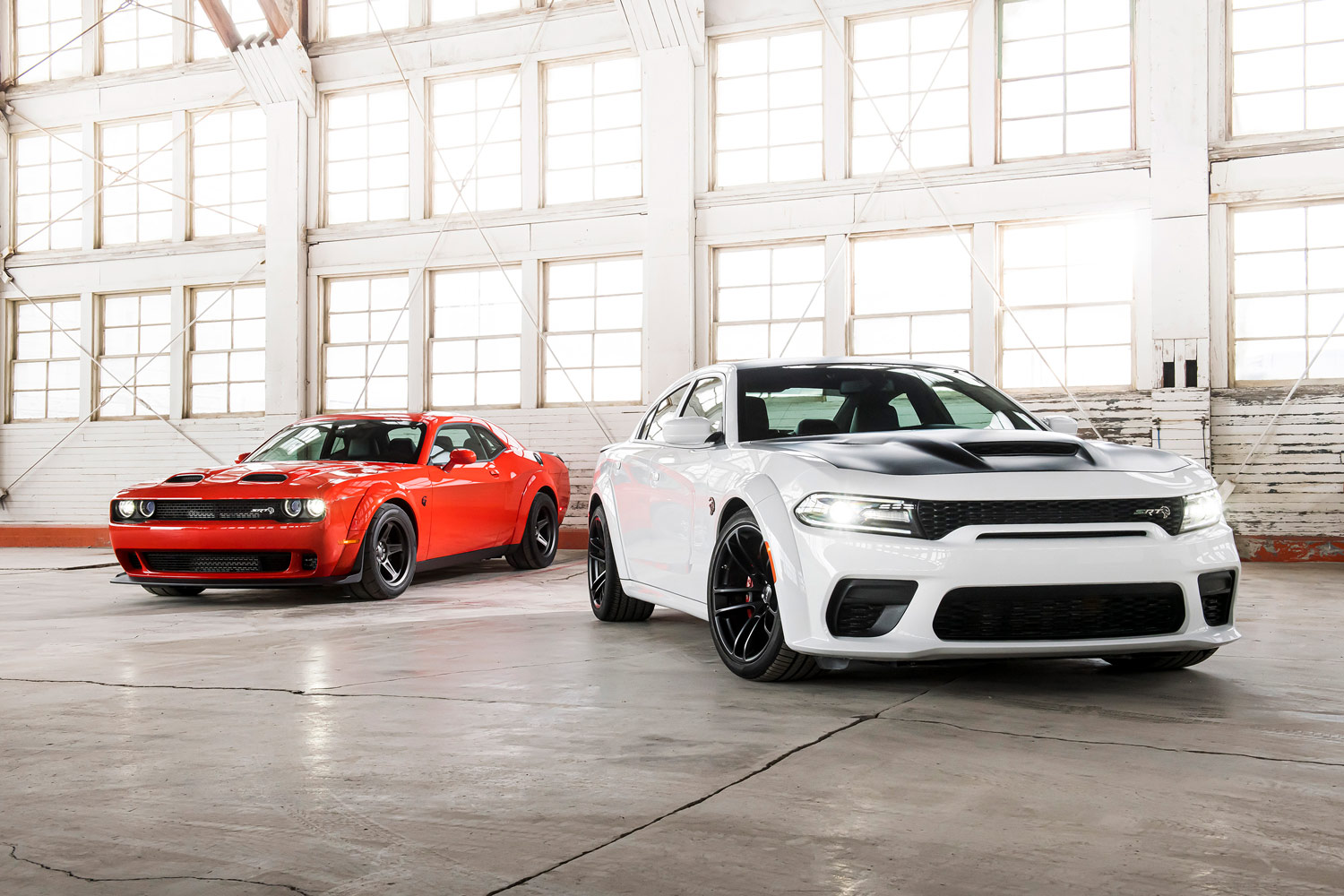 Dodge Charger in white and Dodge Challenger in orange