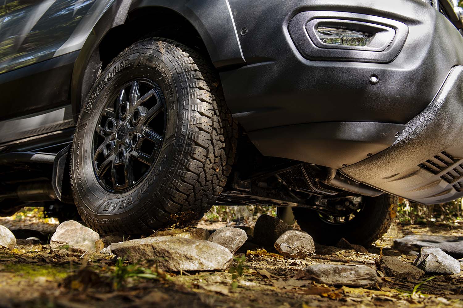 Up close look at a Ford Transit Trail tire on top of a large rock