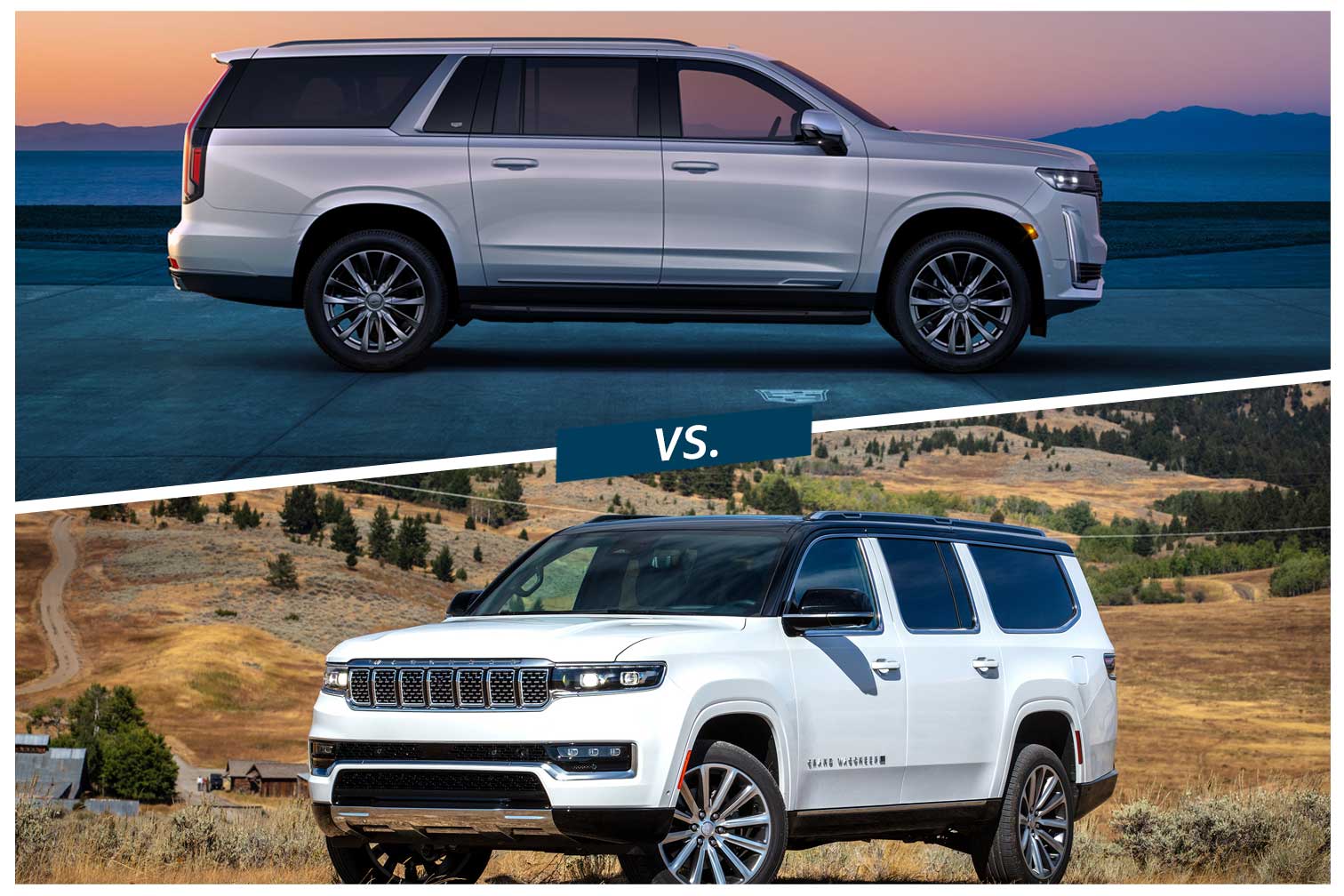  2023 Cadillac Escalade ESV in silver and 2023 Jeep Grand Wagoneer L in white