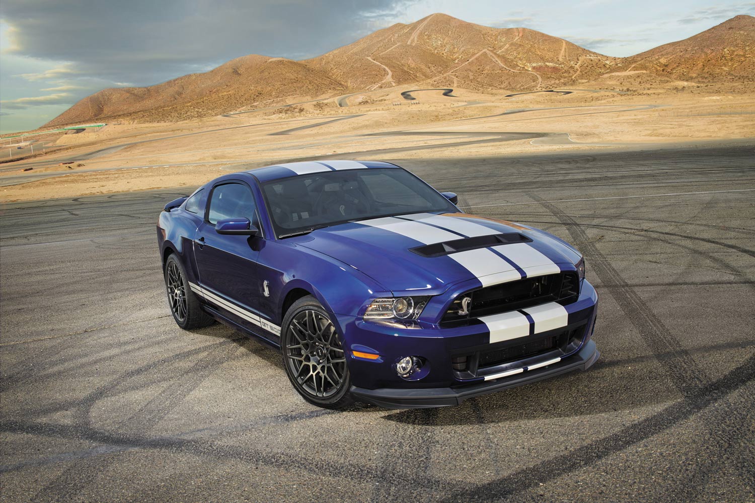 2014 Ford Shelby GT500 on track surrounded by tire marks