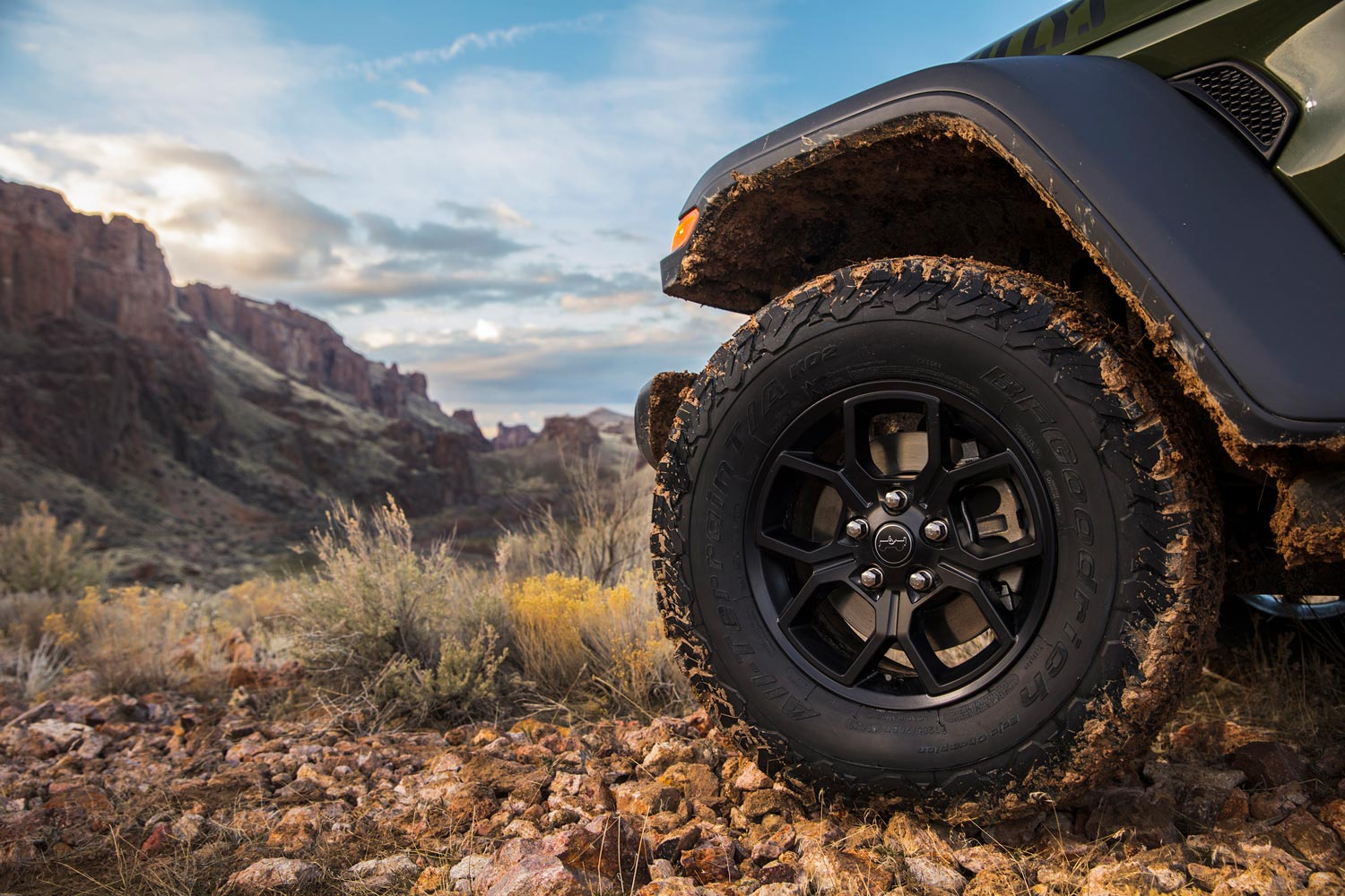 Jeep Wrangler front tire parked off road
