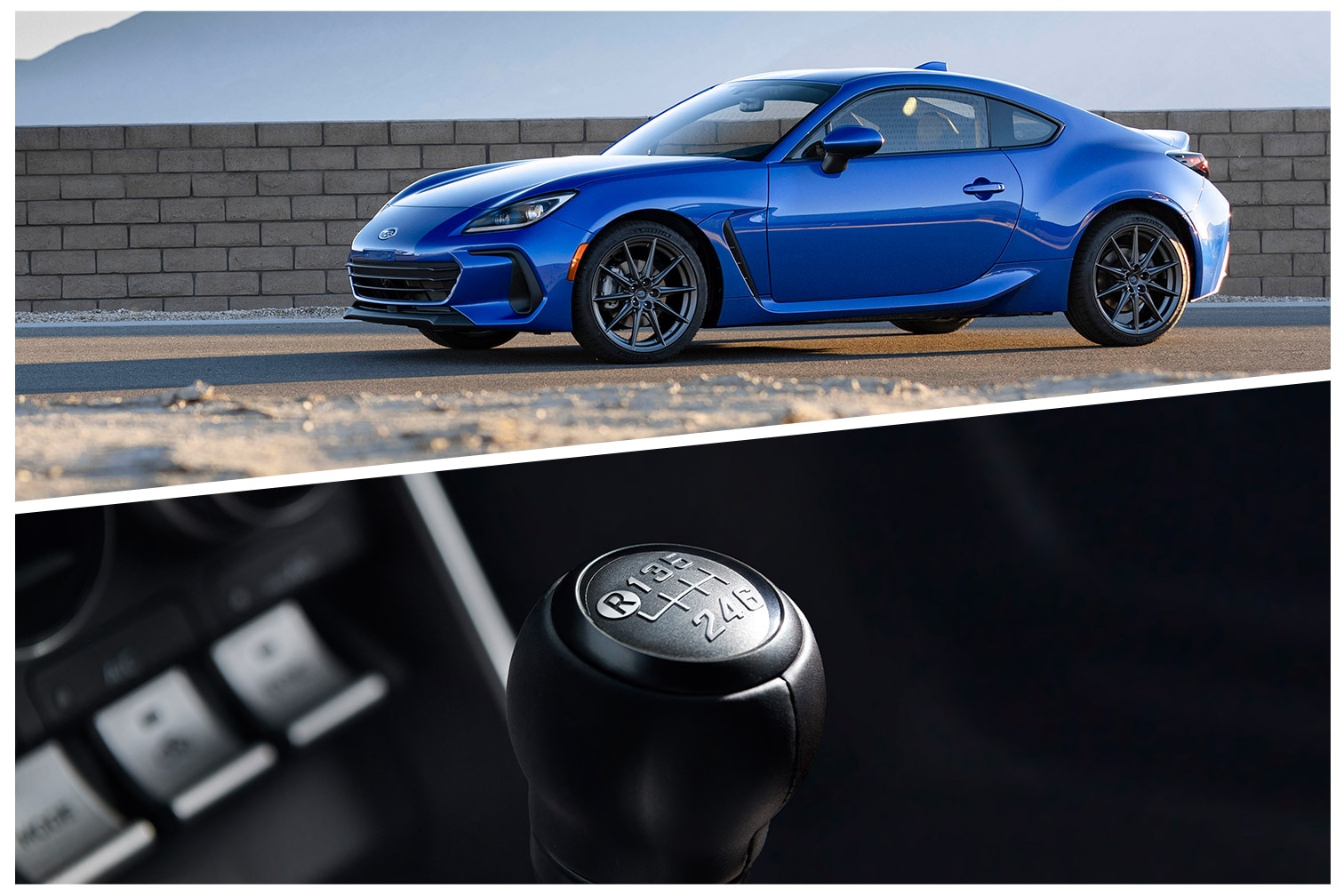 Composition image of 2023 Subaru BRZ and close up of BRZ manual transmission 