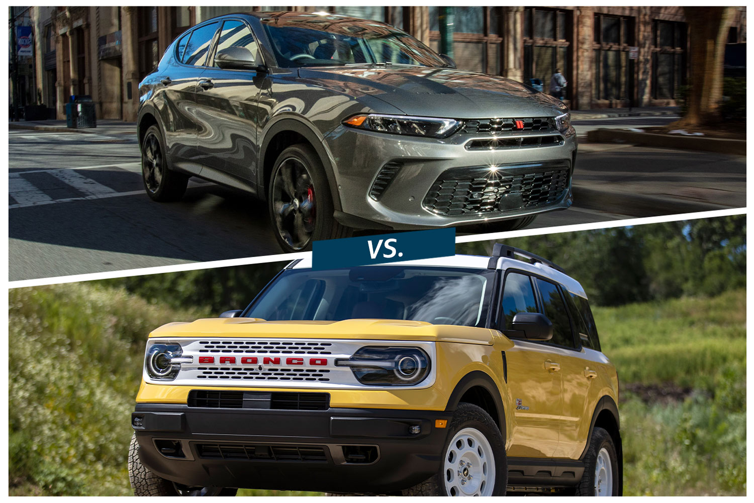 A silver 2023 Dodge Hornet and a yellow 2023 Ford Bronco Sport