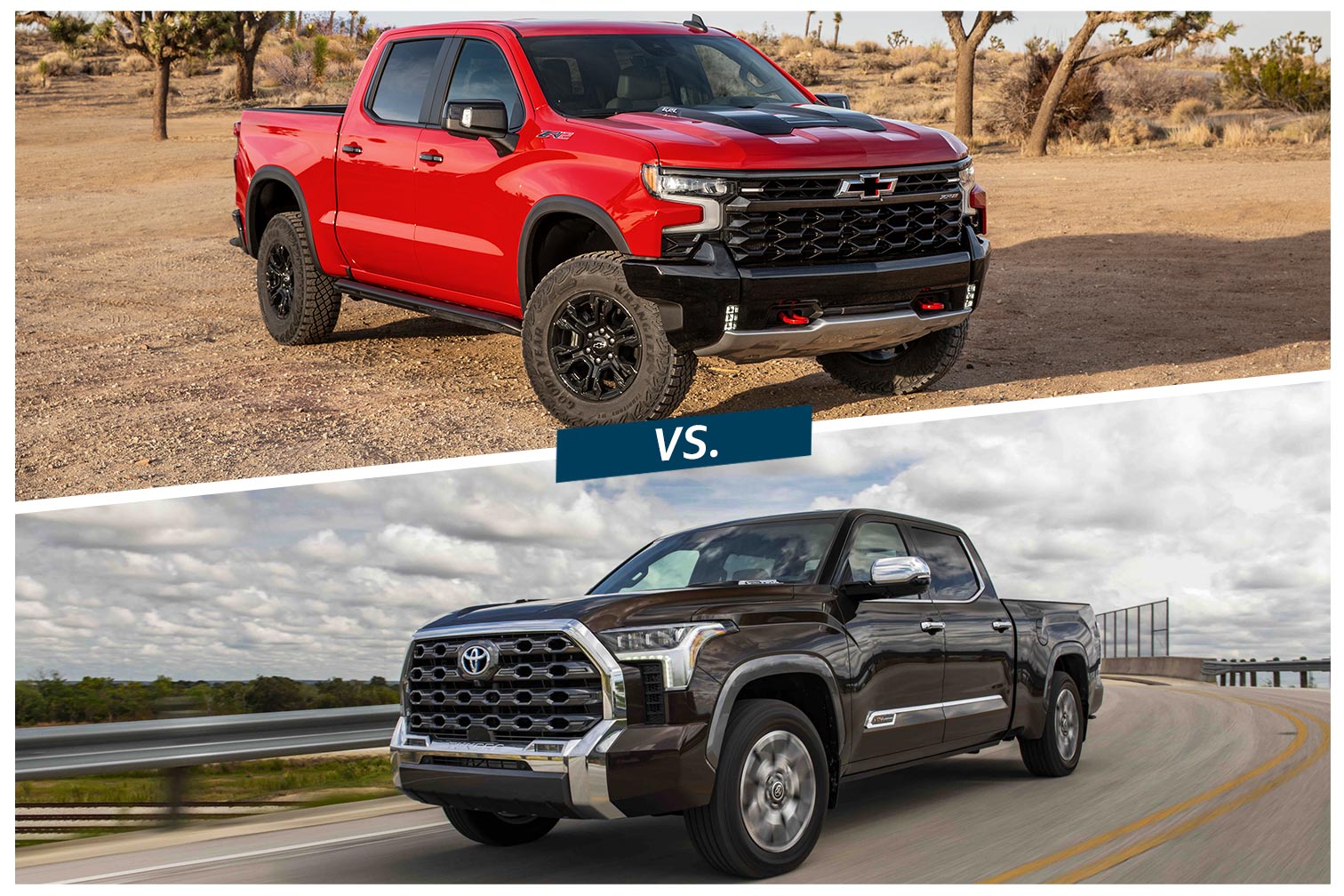 composite image 2023 Chevrolet Silverado 1500 in red above and 2023 Toyota Tundra in brown