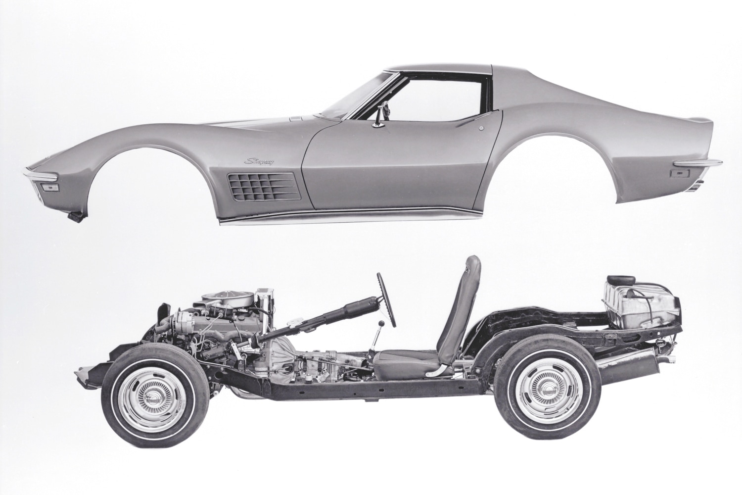 Corvette Stingray illustration showing the body apart from the frame