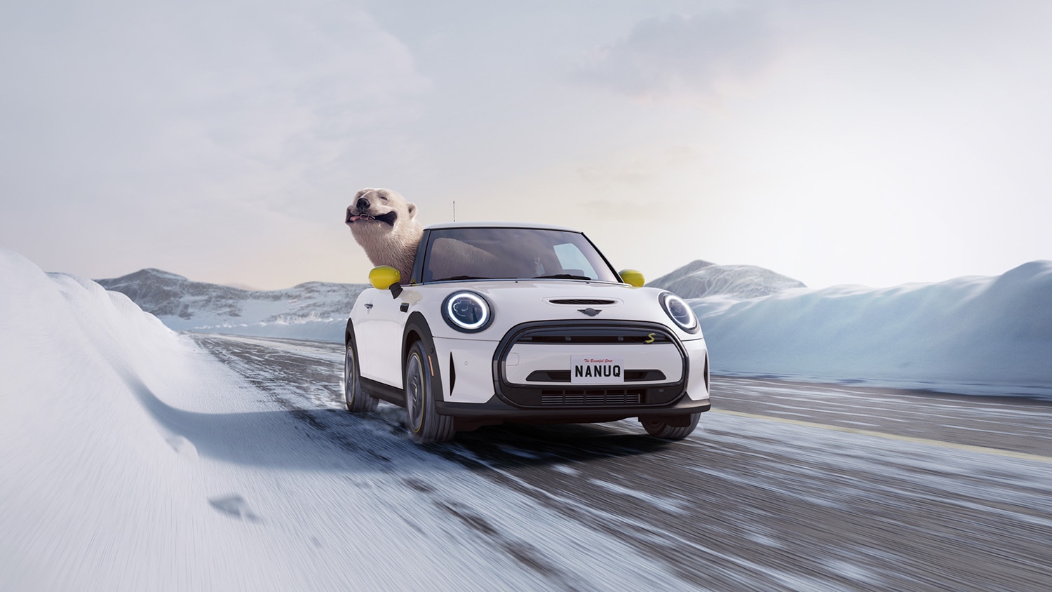 2023 Mini Cooper Electric SE in Nanuq White with a polar bear smiling outside the passenger window