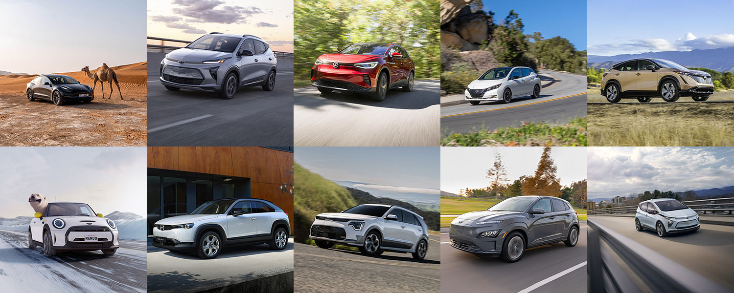 A 10-vehicle collage of the least-expensive electric vehicles sold in the U.S. market for 2023