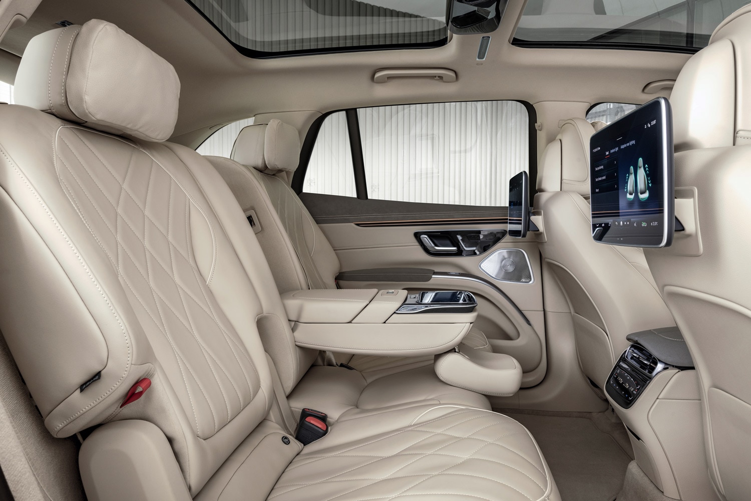 The second row of seats in a 2023 Mercedes-Benz EQS 580