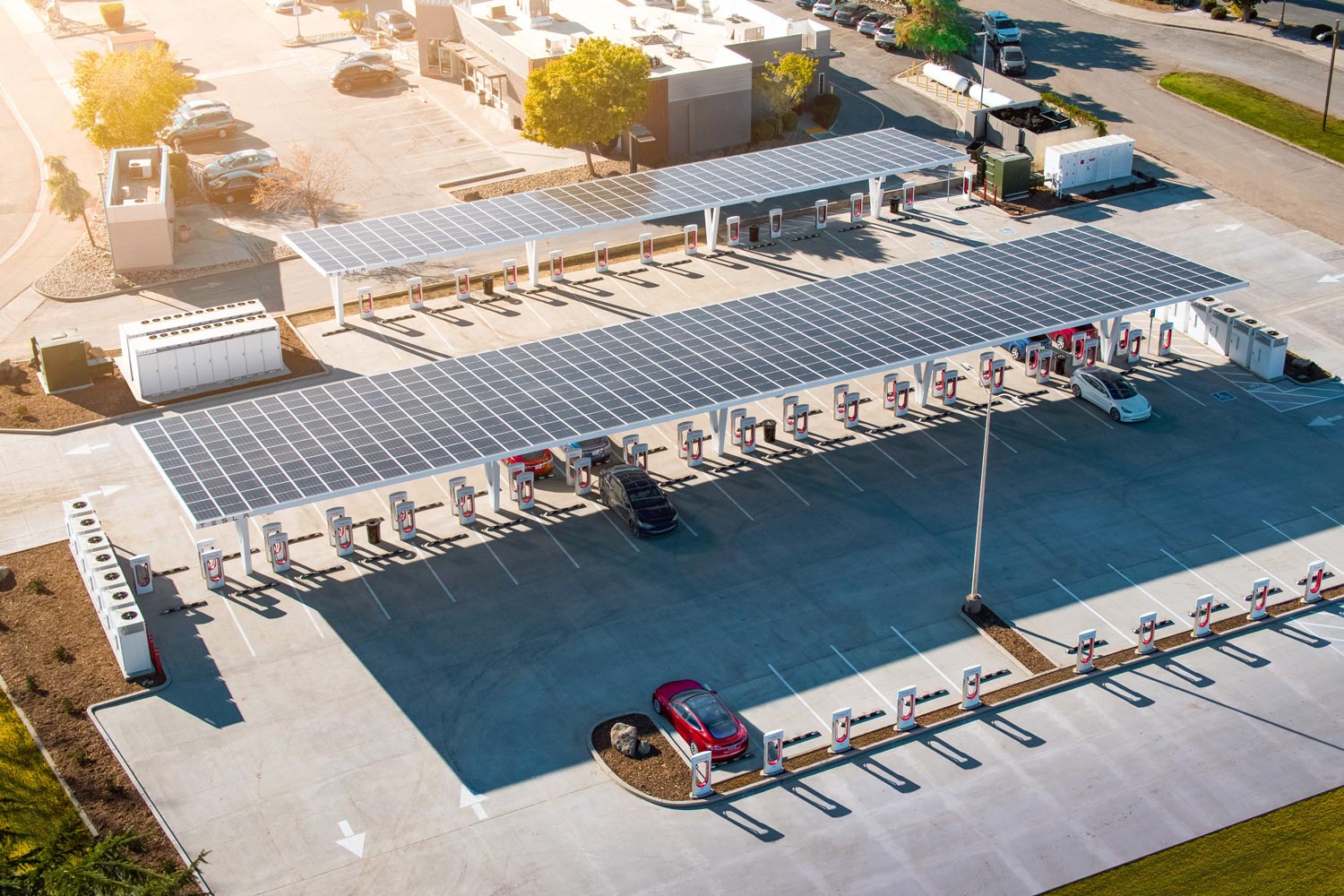 Tesla Supercharger station viewed from the air