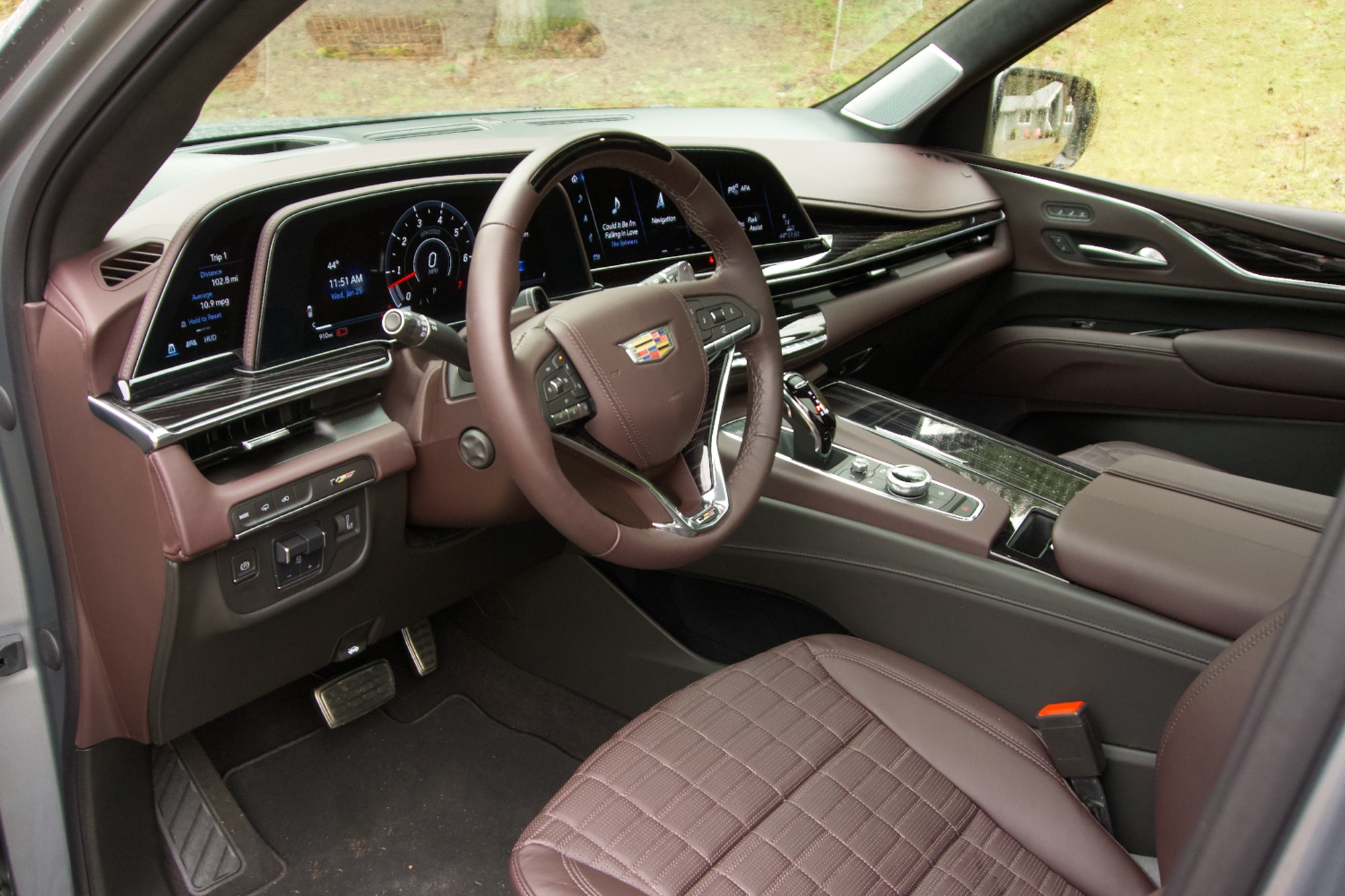 2023 Cadillac Escalade V burgundy interior dashboard and front seats