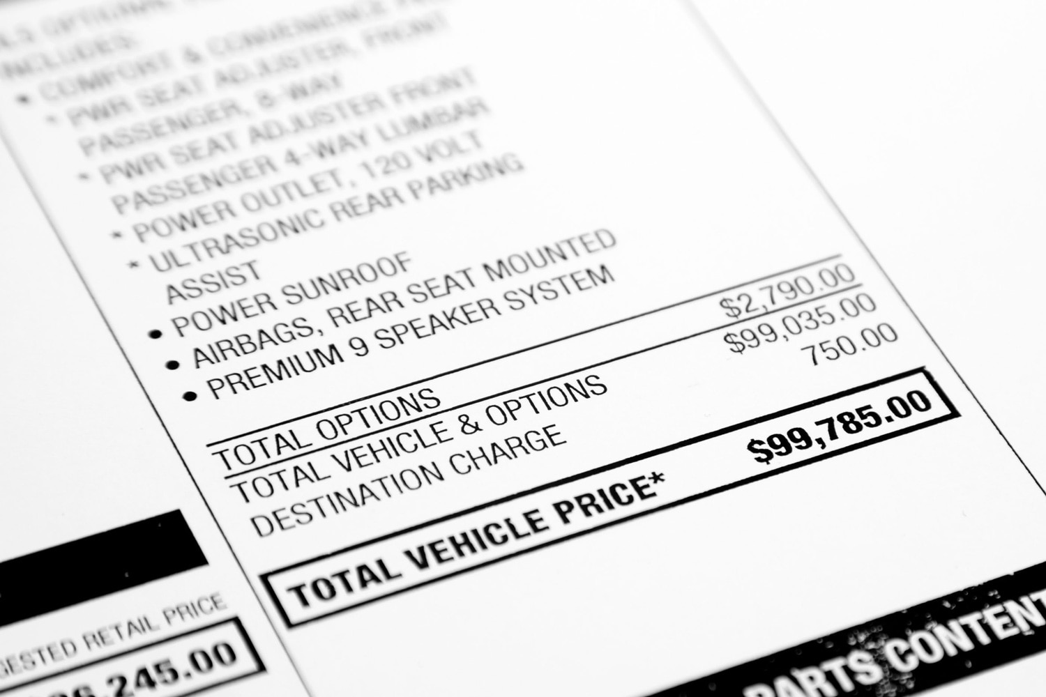 Itemized vehicle sticker price list