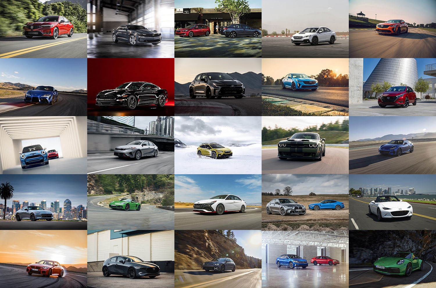 A 5x5 collage representing almost every car on sale in the U.S. with an available or standard manual transmission