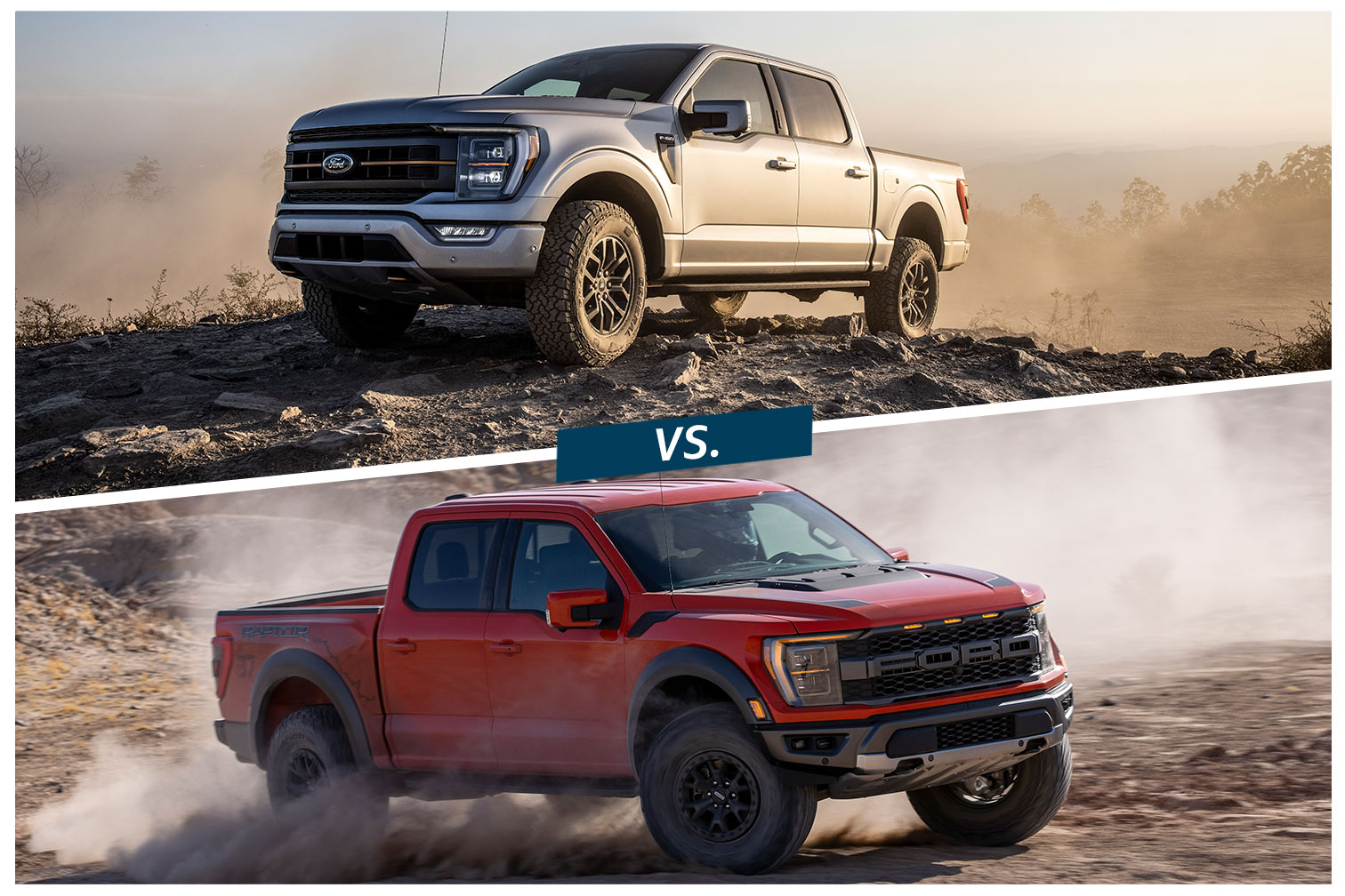 2023 Ford F-150 Tremor in silver above 2023 Ford F-150 Raptor in red