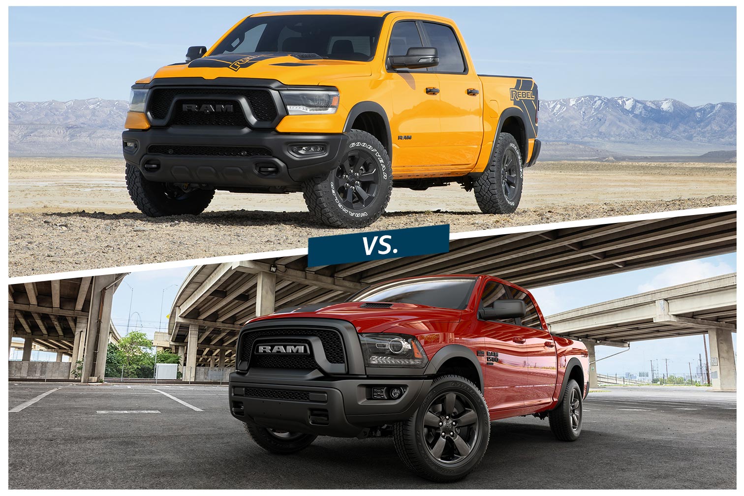2023 Ram 1500 in yellow above 2023 Ram 1500 Classic in red