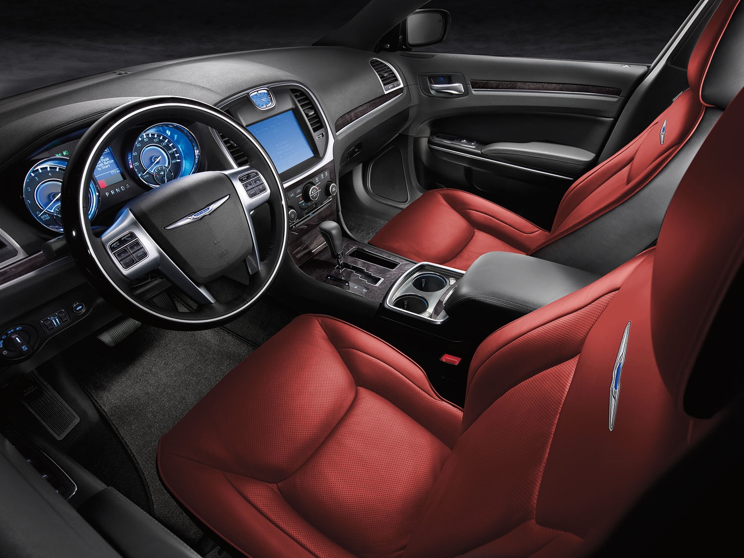 Interior of a Chrysler vehicle with dark red Katzkin leather seats