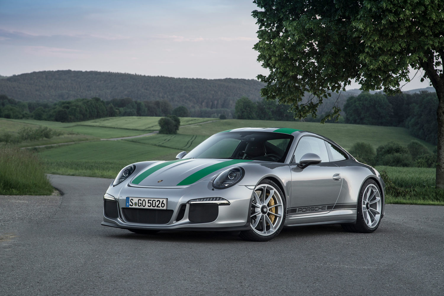 2016 Porsche 911 R in silver parked on a country roadway