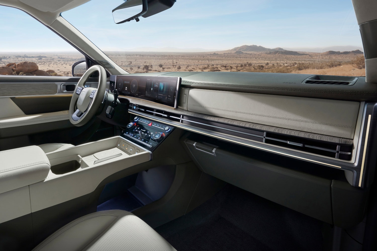 Front dashboard view of a 2024 Hyundai Santa Fe looking out toward the desert