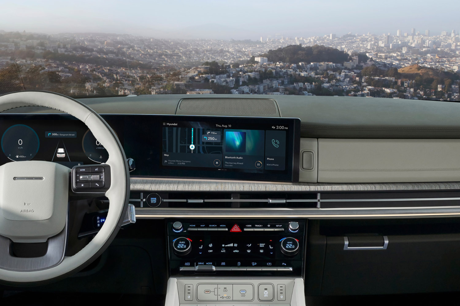 View of the front dashboard and out the windshield of a 2024 Hyundai Santa Fe