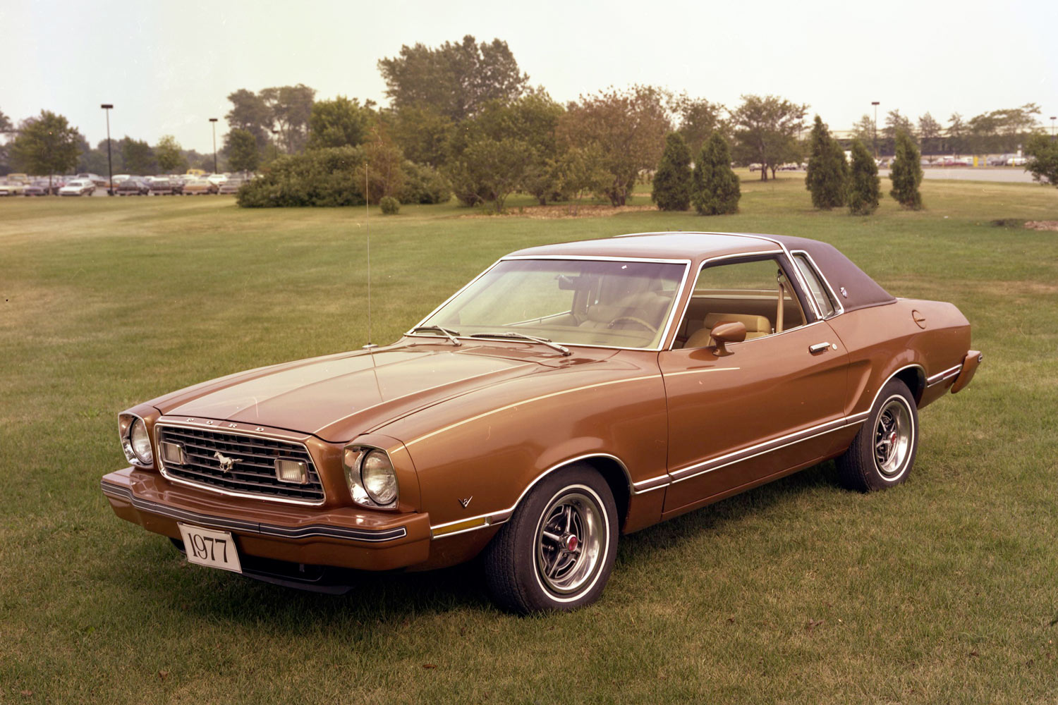 1977 Ford Mustang II in orange on lawn, vintage photograph
