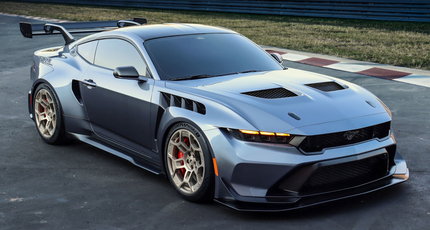 Ford Mustang GTD in gray parked on a racetrack