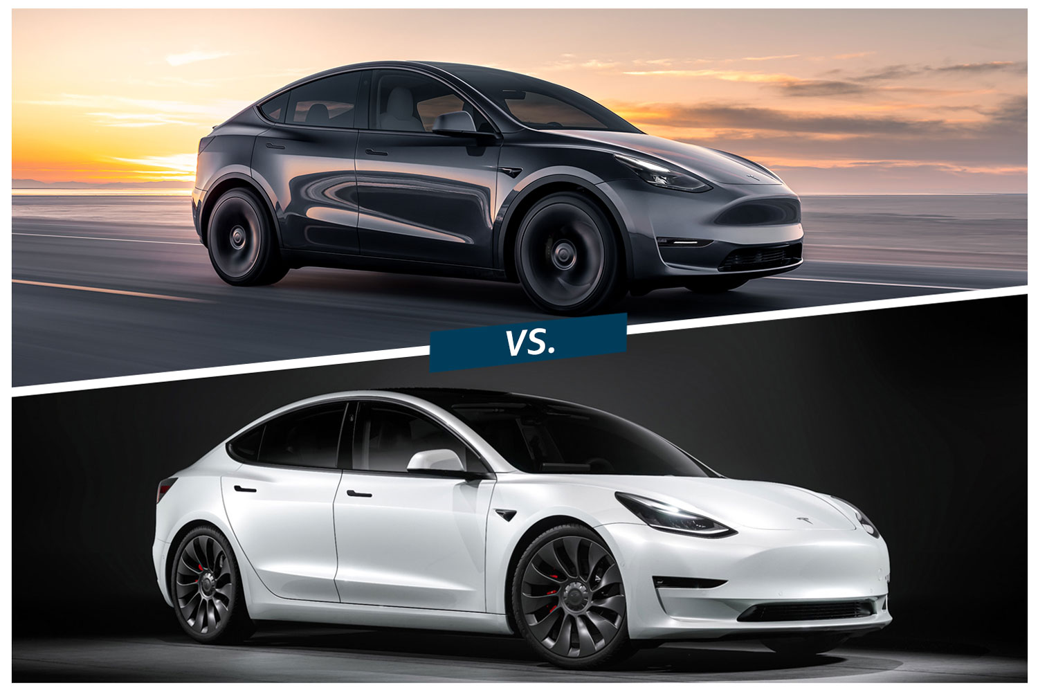 2022 Tesla Model Y in black vs 2022 Tesla Model 3 in white