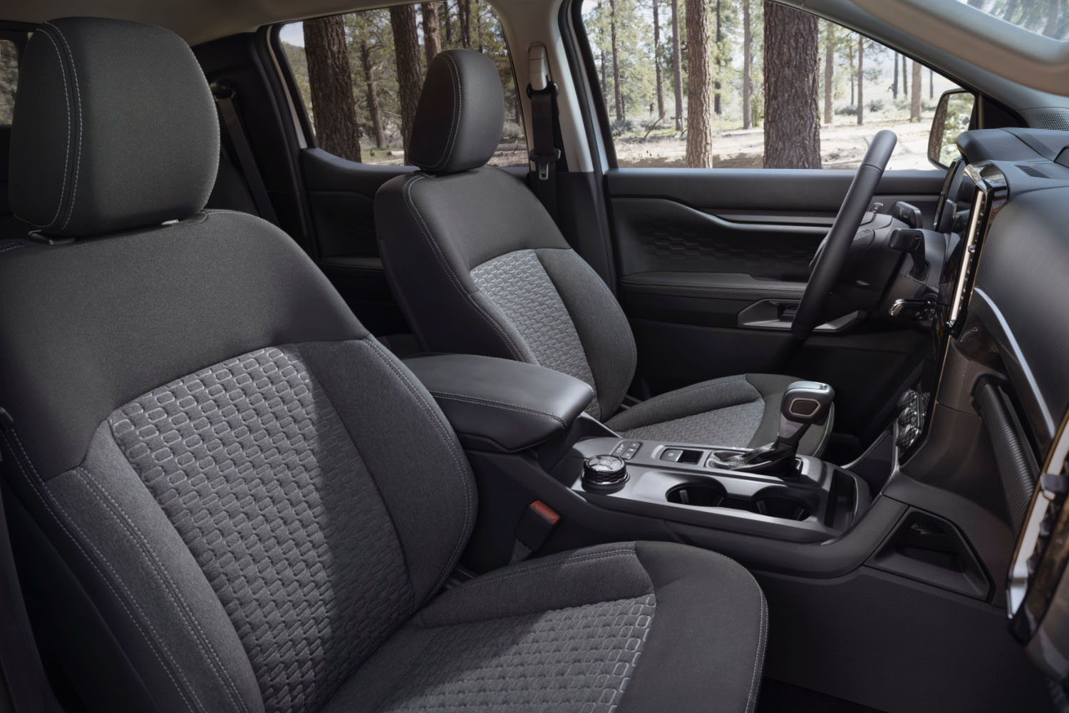 Cabin of 2024 Ford Ranger with gray cloth seats.