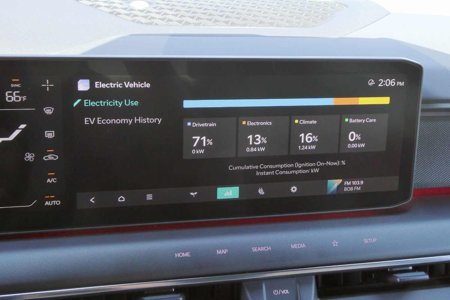 Electricity use on an infotainment screen in a 2024 Kia EV9 in blue.