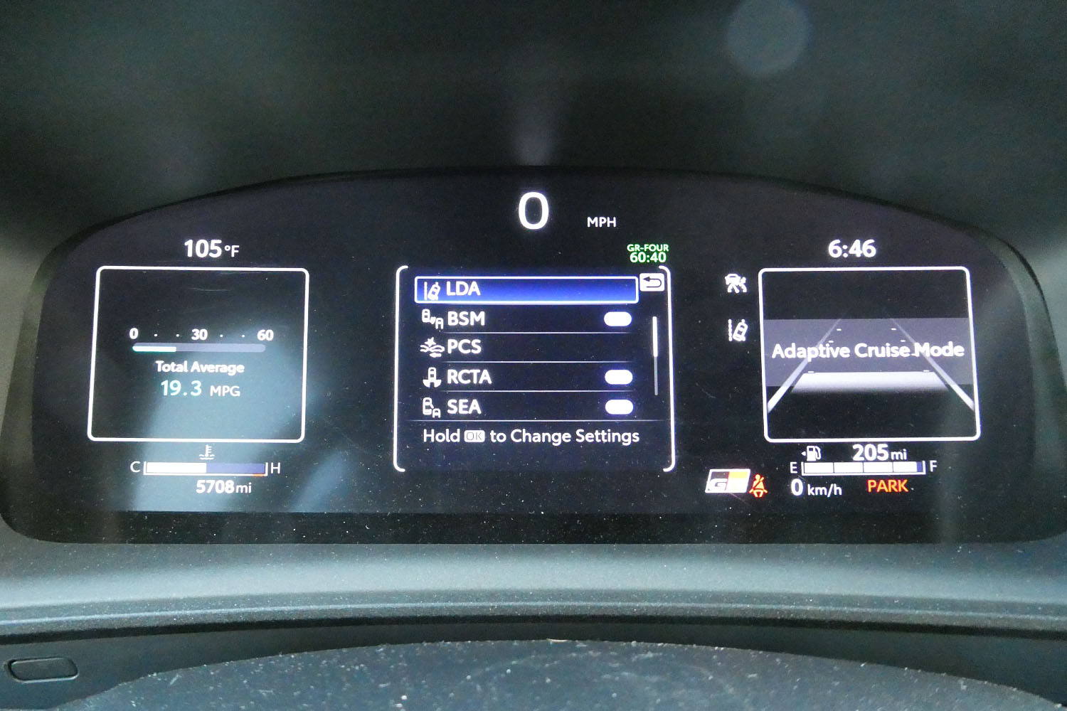 Driver display in a 2023 Toyota GR Corolla displaying safety features.